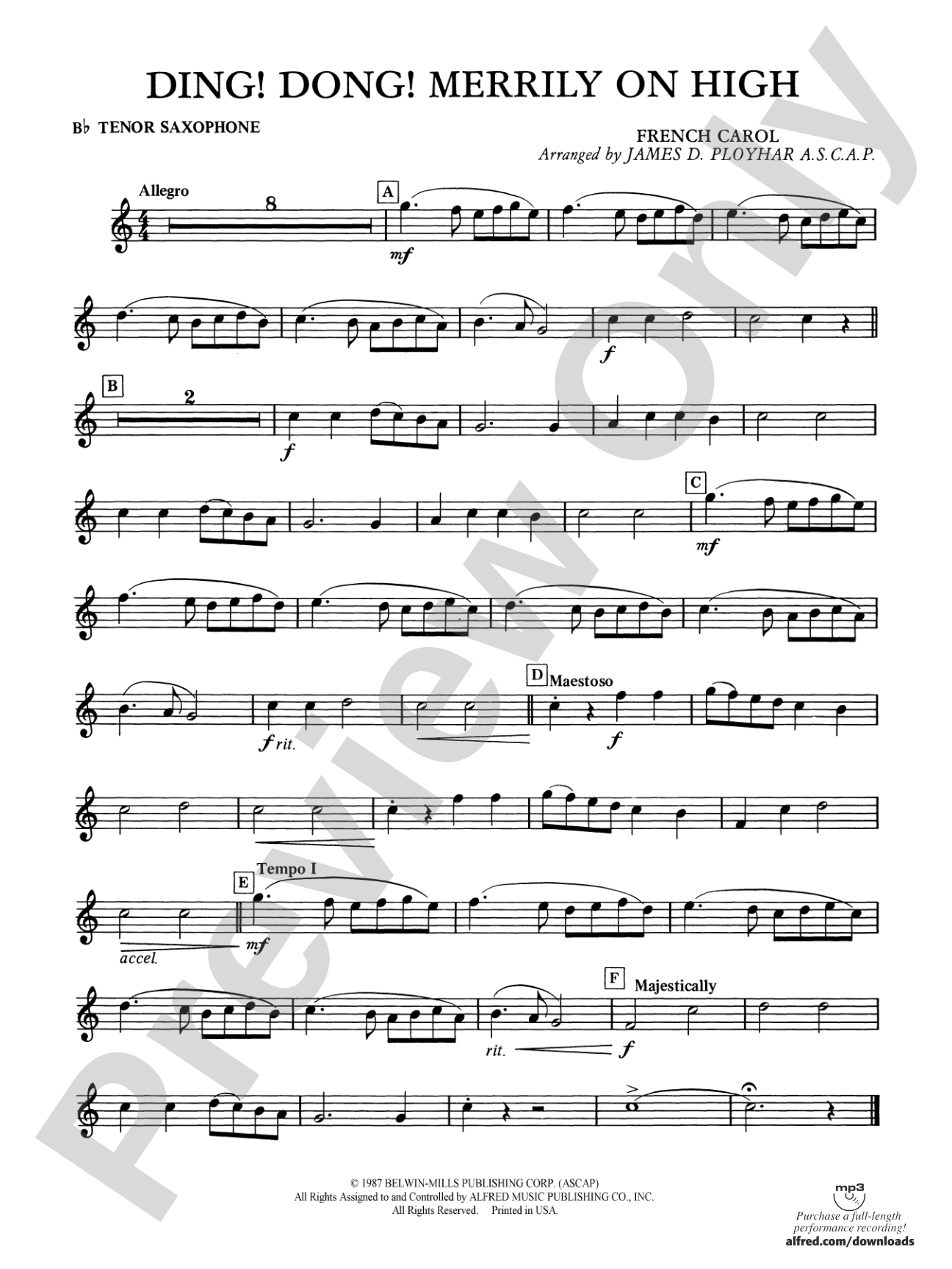 Ding! Dong! Merrily on High: B-flat Tenor Saxophone