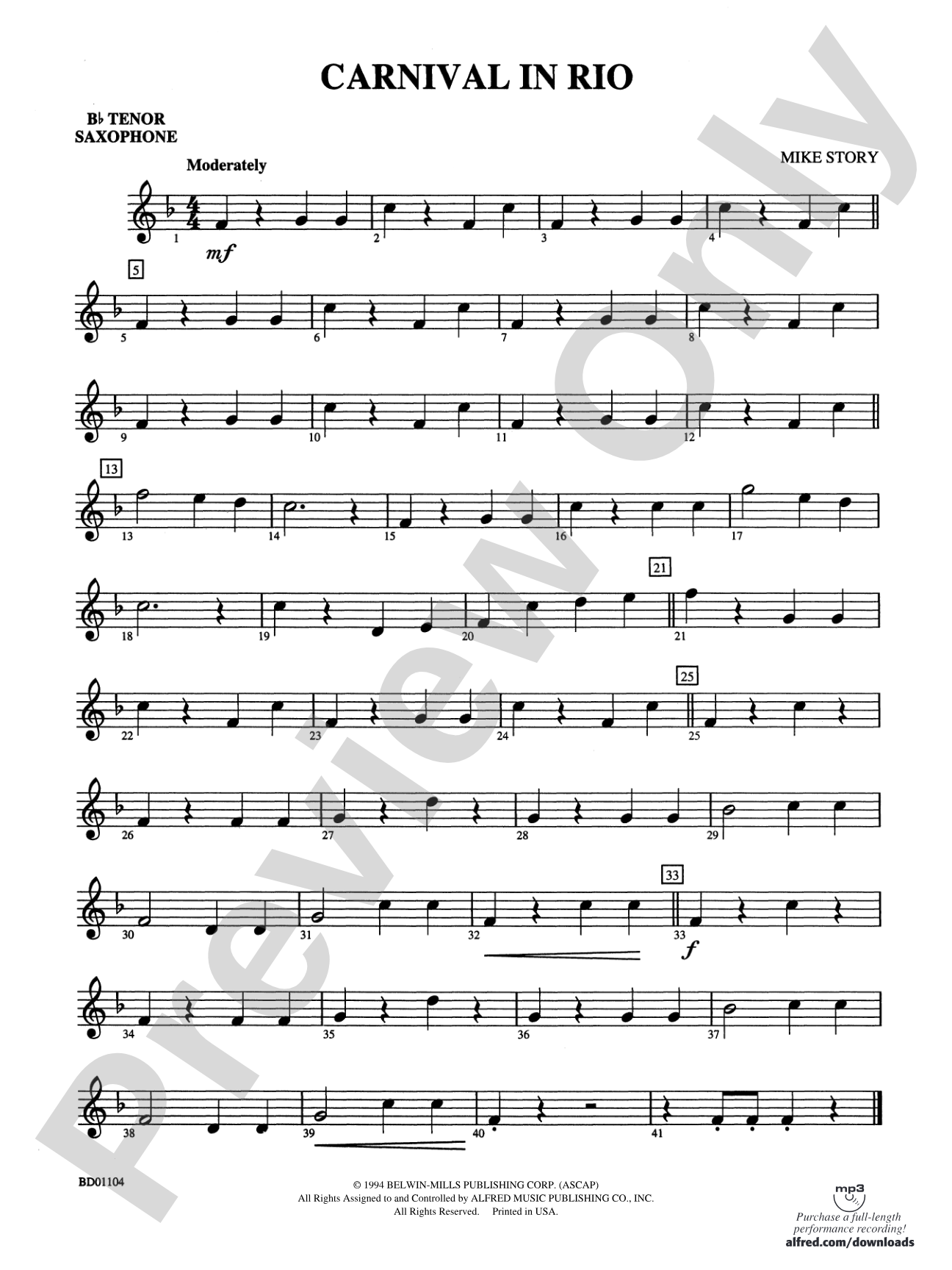 Carnival in Rio: B-flat Tenor Saxophone