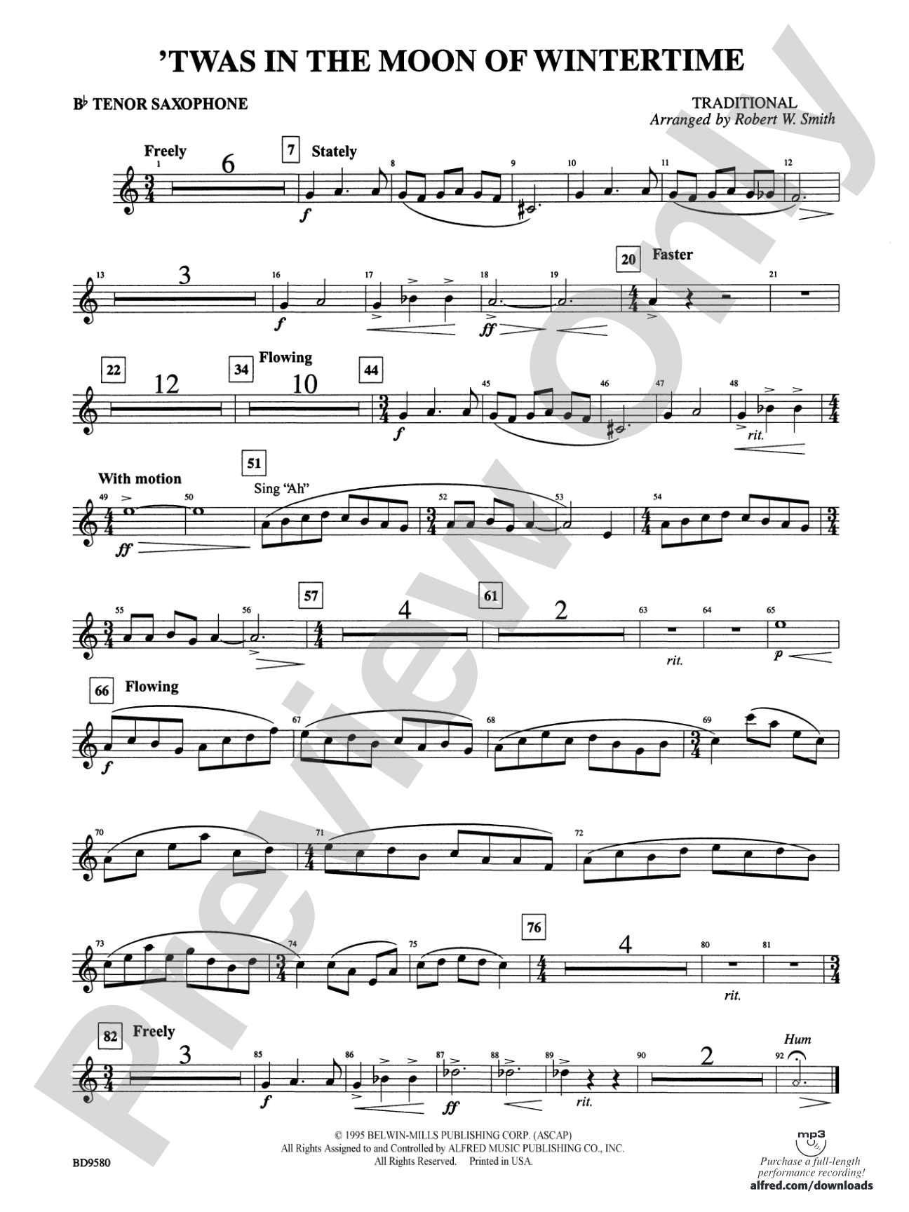 Twas in the Moon of Wintertime: B-flat Tenor Saxophone