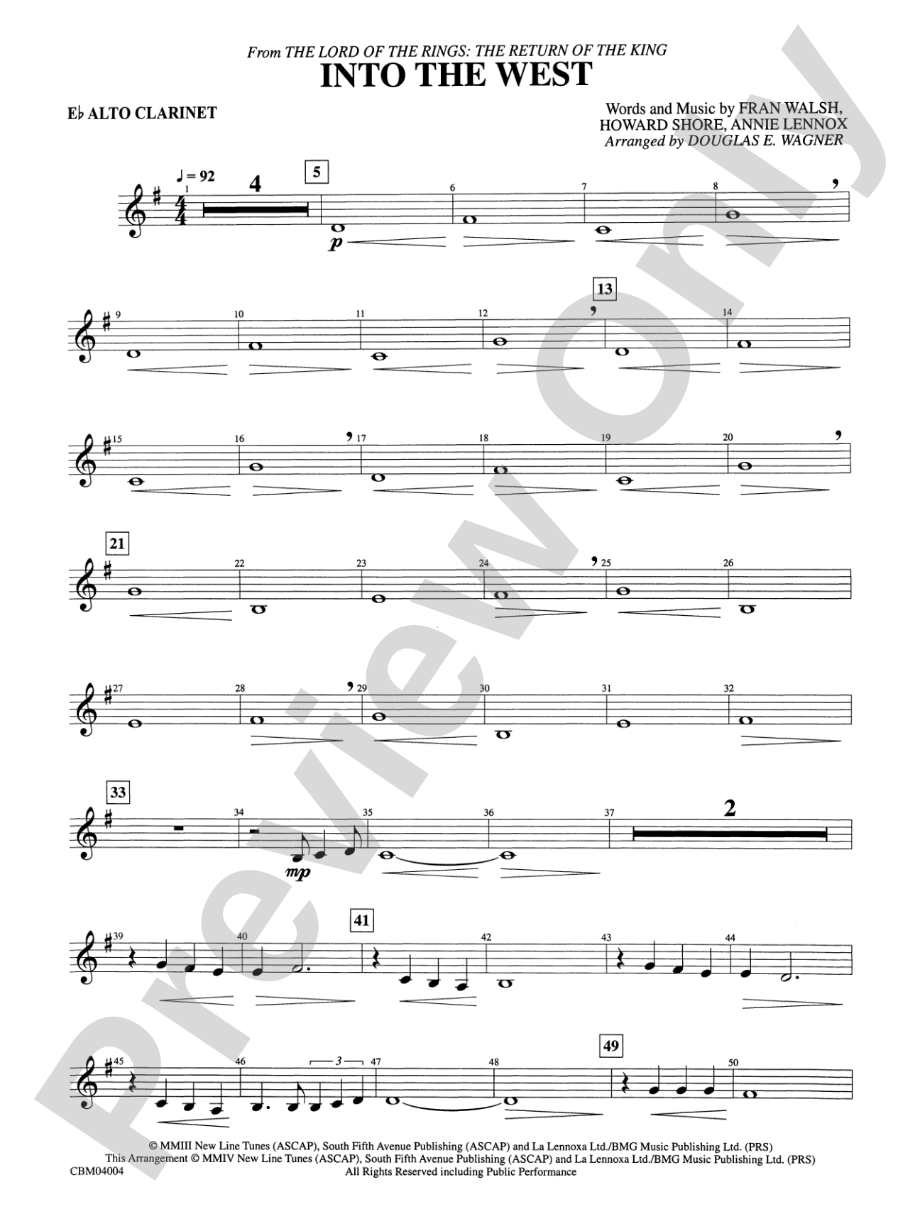 Into the West (from The Lord of the Rings: The Return of the King): E-flat Alto Clarinet