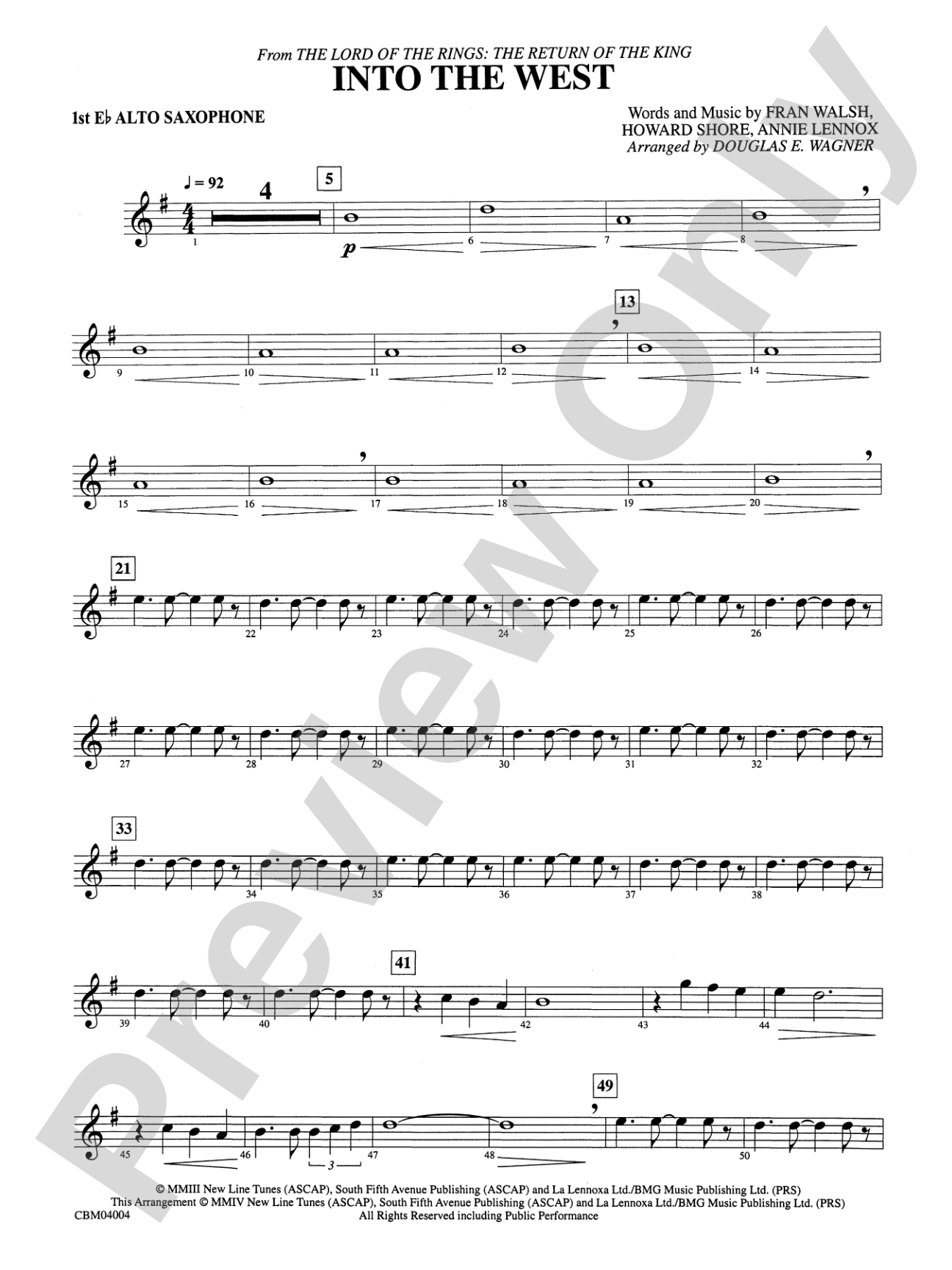 Into the West (from The Lord of the Rings: The Return of the King): E-flat Alto Saxophone