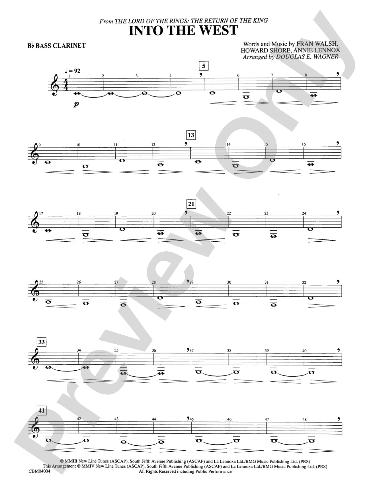 Into the West (from The Lord of the Rings: The Return of the King): B-flat Bass Clarinet