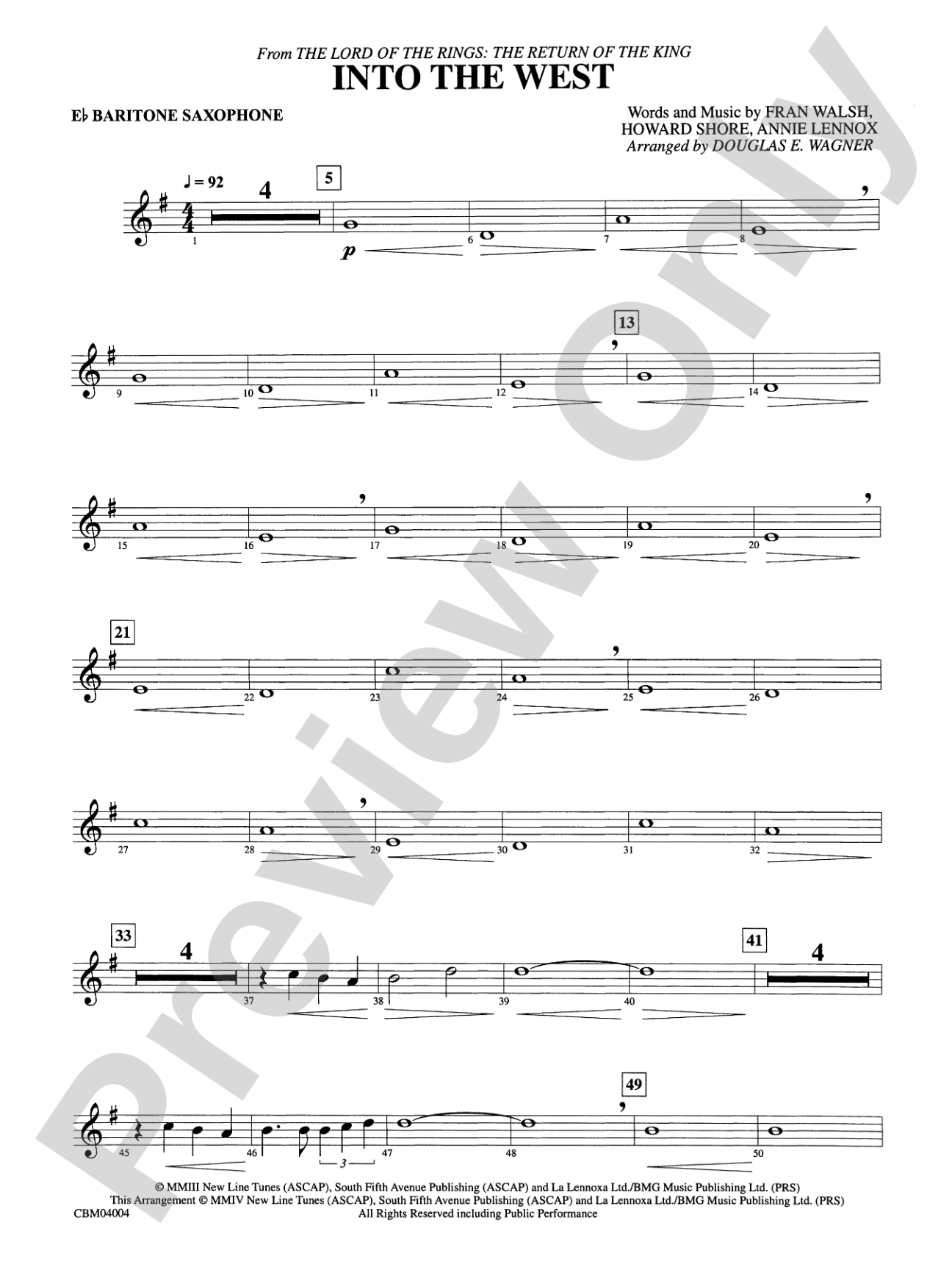 Into the West (from The Lord of the Rings: The Return of the King): E-flat Baritone Saxophone