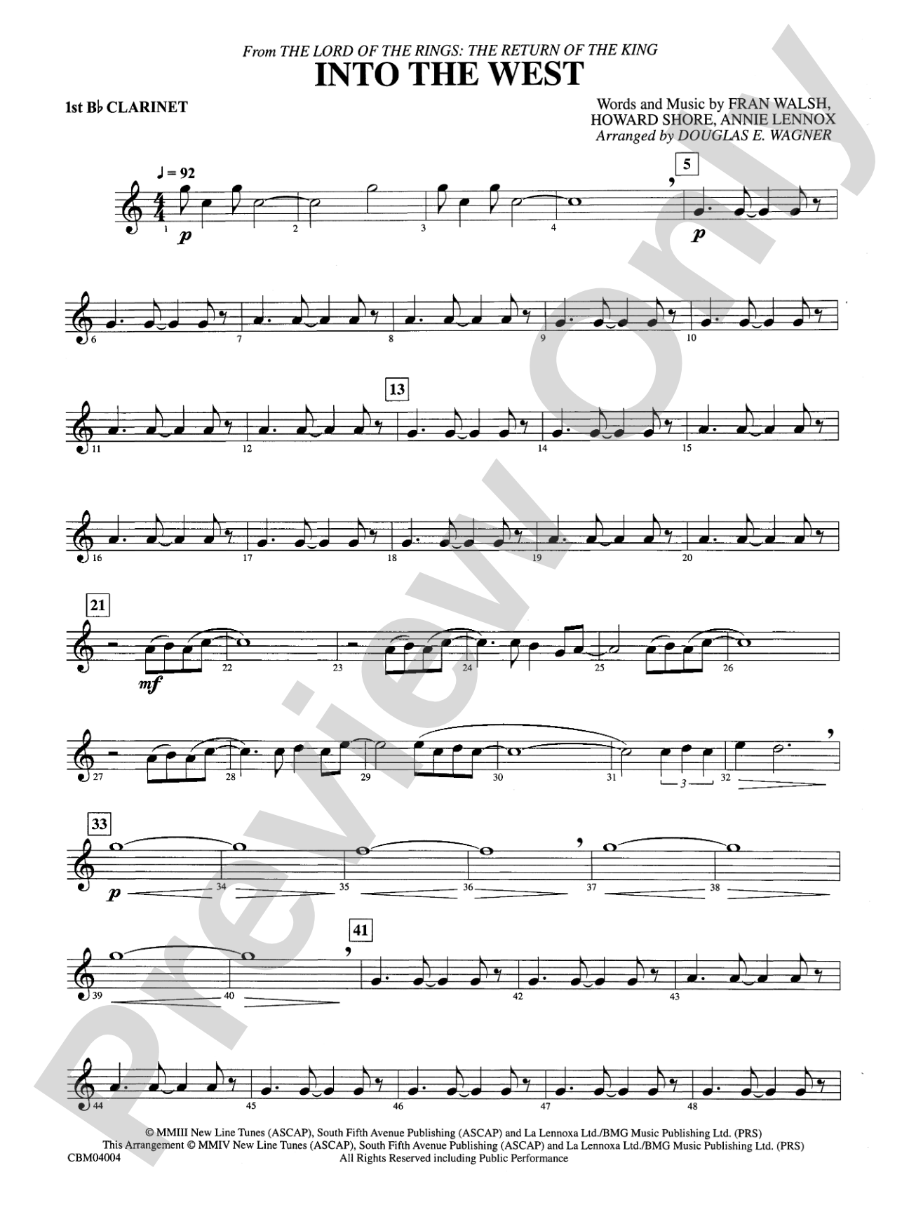 Into the West (from The Lord of the Rings: The Return of the King): 1st B-flat Clarinet