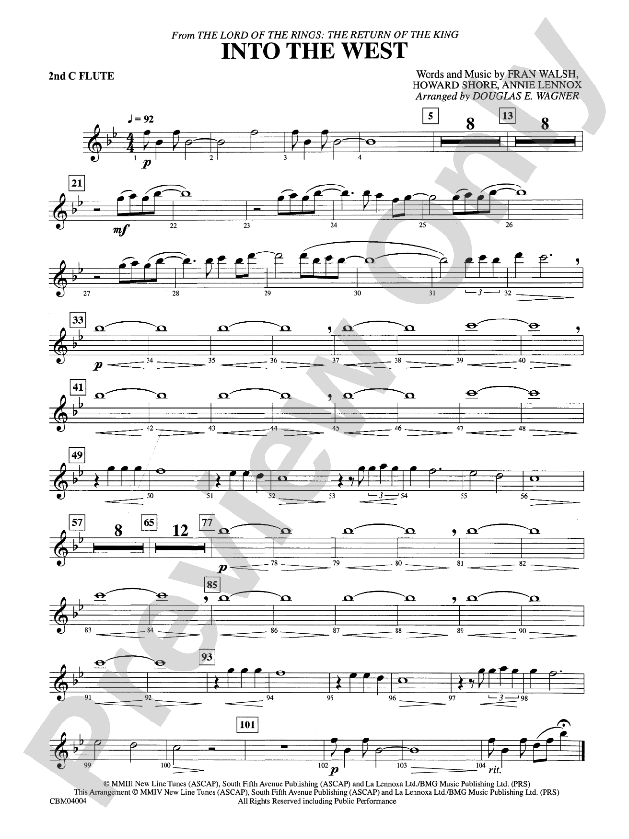 Into the West (from The Lord of the Rings: The Return of the King): 2nd Flute