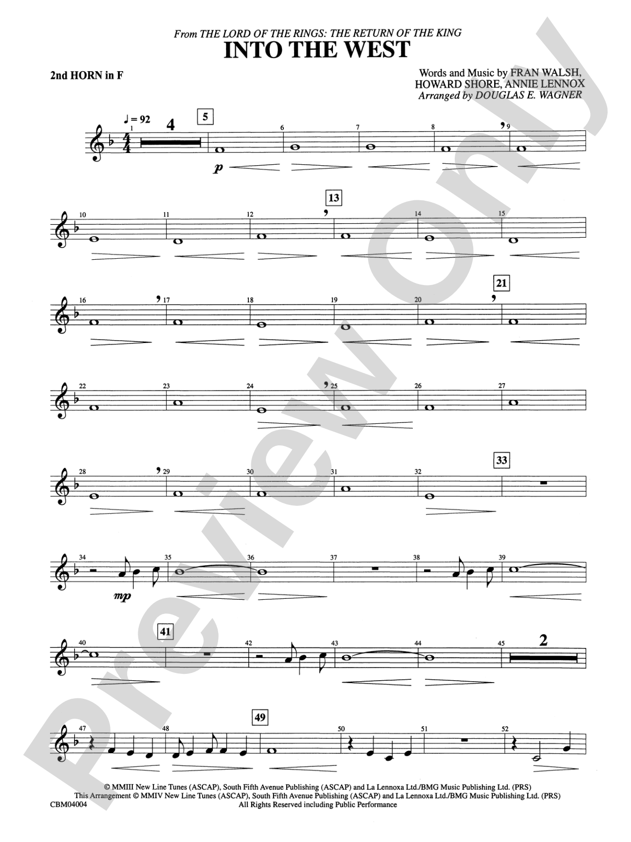 Into the West (from The Lord of the Rings: The Return of the King): 2nd F Horn