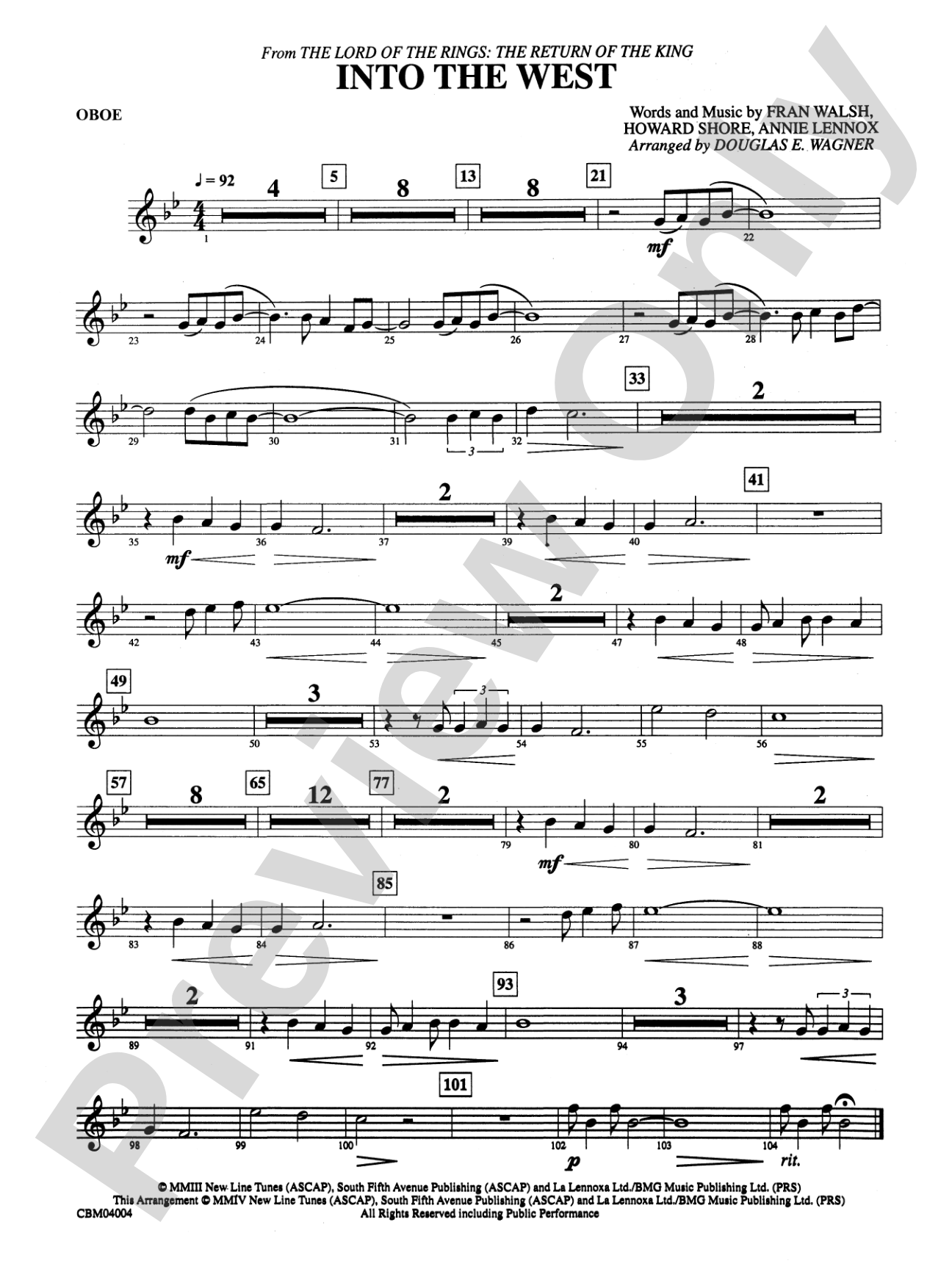 Into the West (from The Lord of the Rings: The Return of the King): Oboe