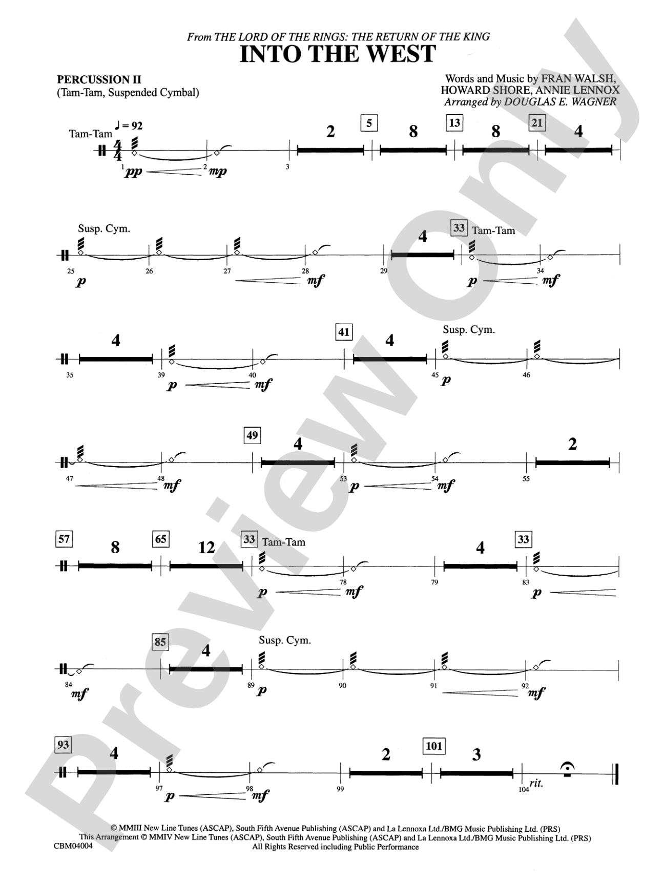 Into the West (from The Lord of the Rings: The Return of the King): 2nd Percussion
