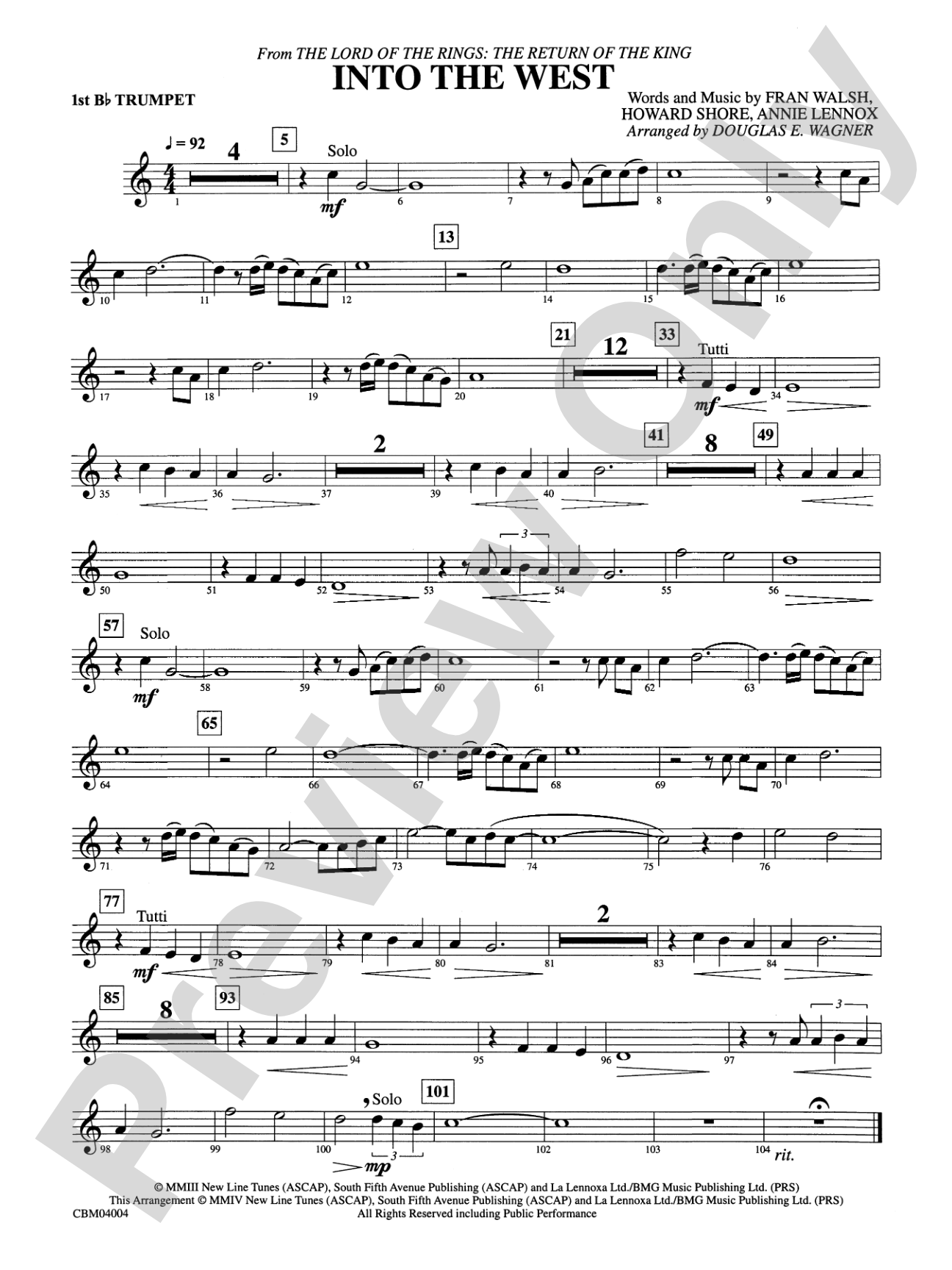 Into the West (from The Lord of the Rings: The Return of the King): 1st B-flat Trumpet