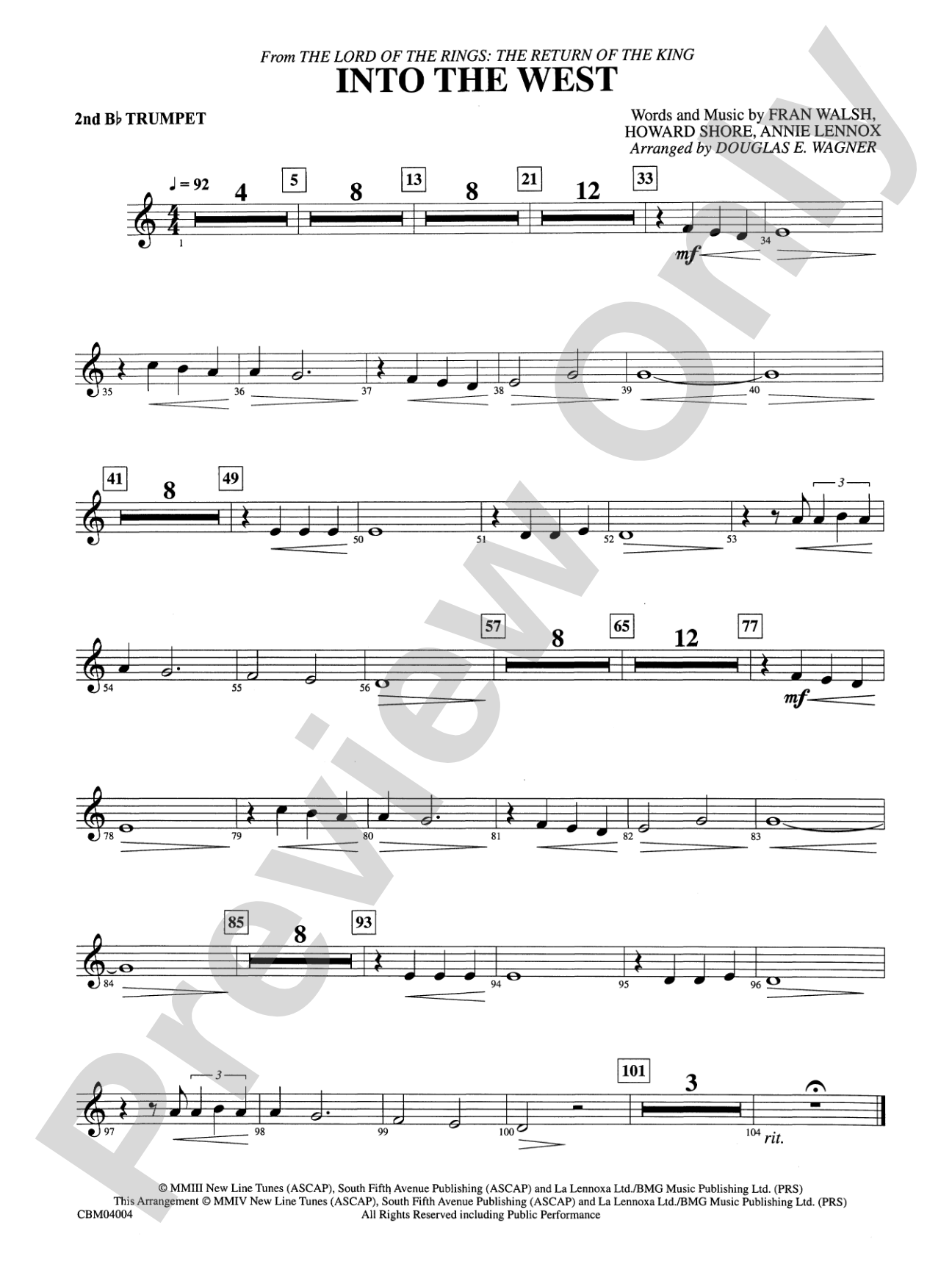 Into the West (from The Lord of the Rings: The Return of the King): 2nd B-flat Trumpet