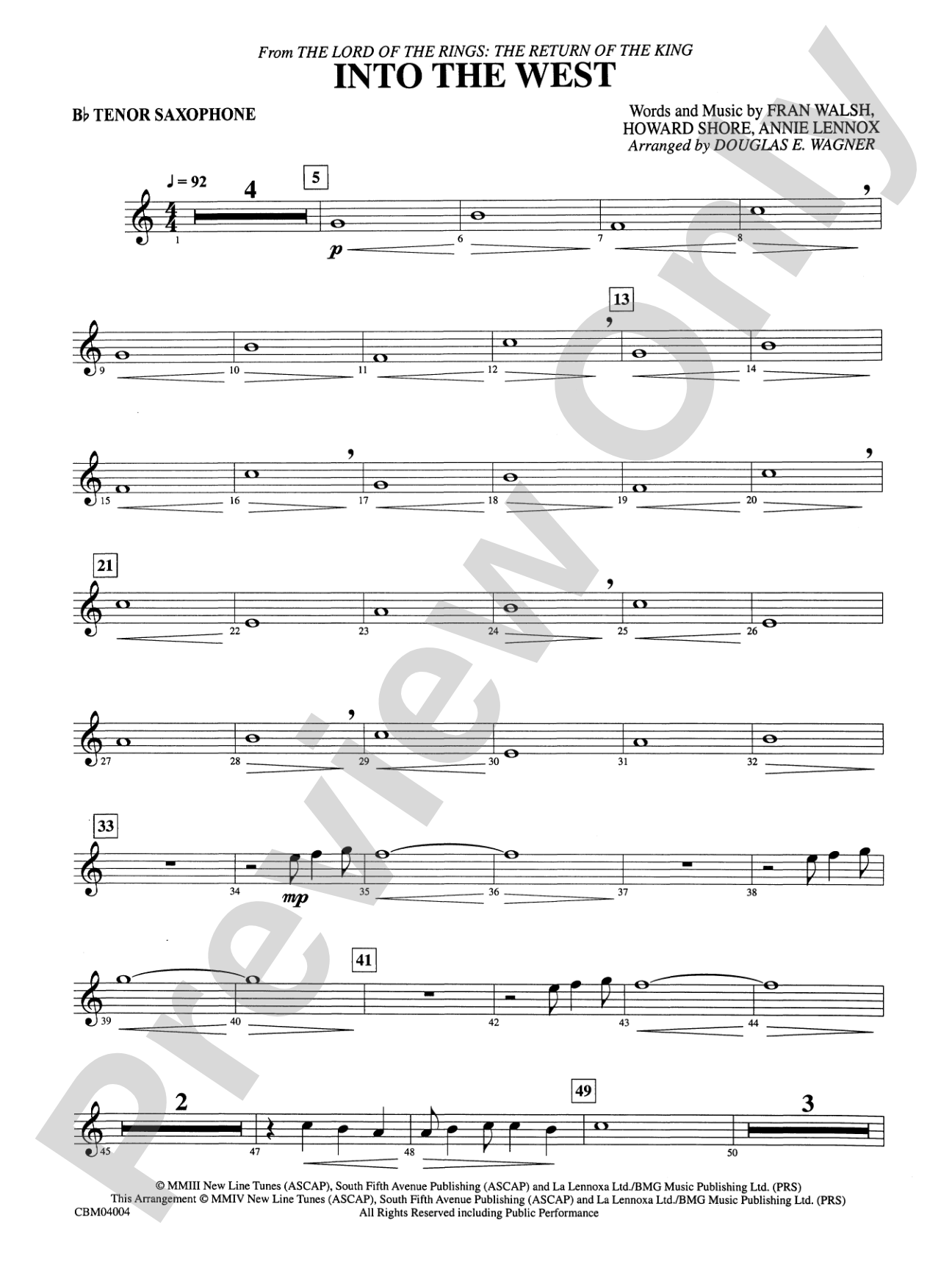 Into the West (from The Lord of the Rings: The Return of the King): B-flat Tenor Saxophone