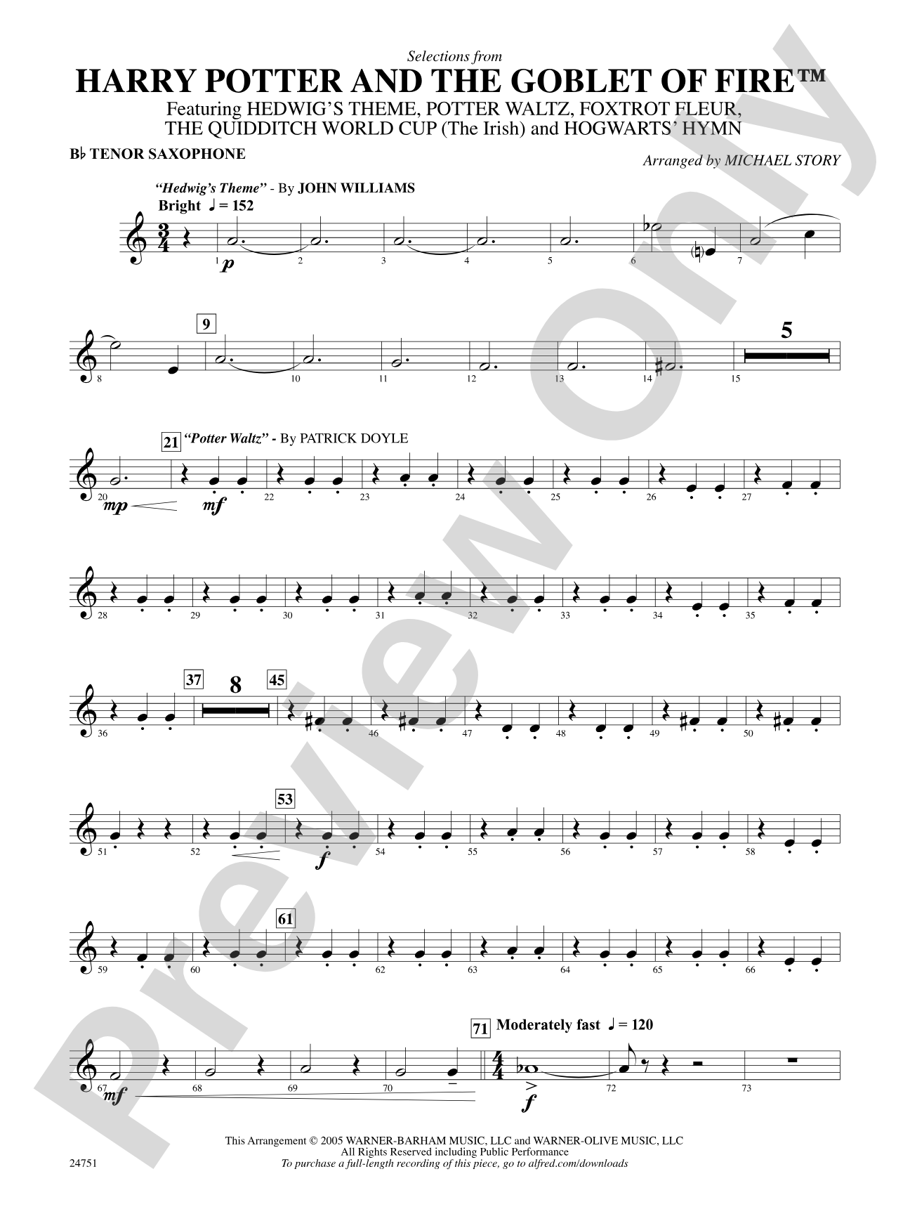 Harry Potter and the Goblet of Fire, Selections from: B-flat Tenor Saxophone