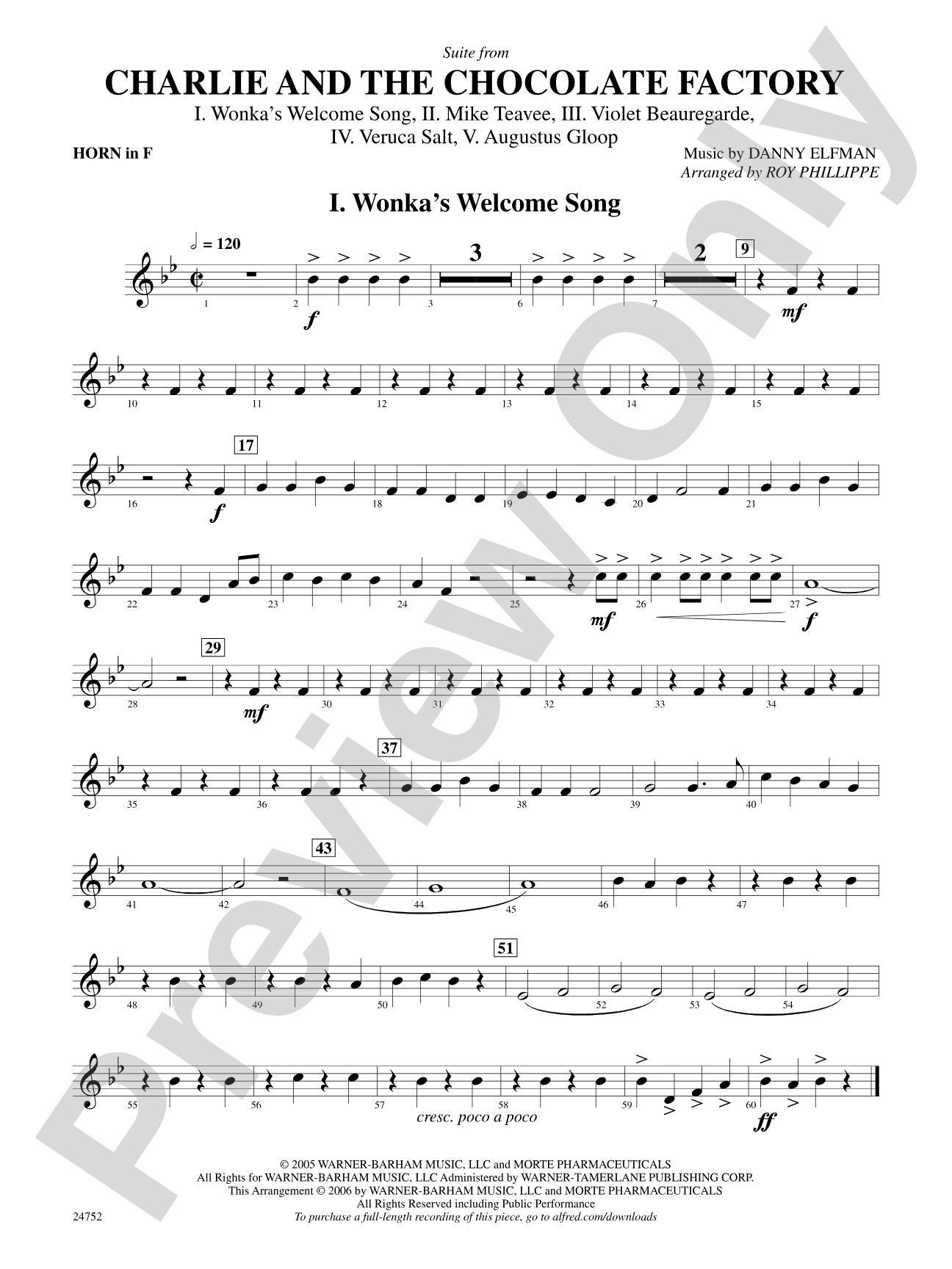 Charlie and the Chocolate Factory, Suite from: 1st F Horn