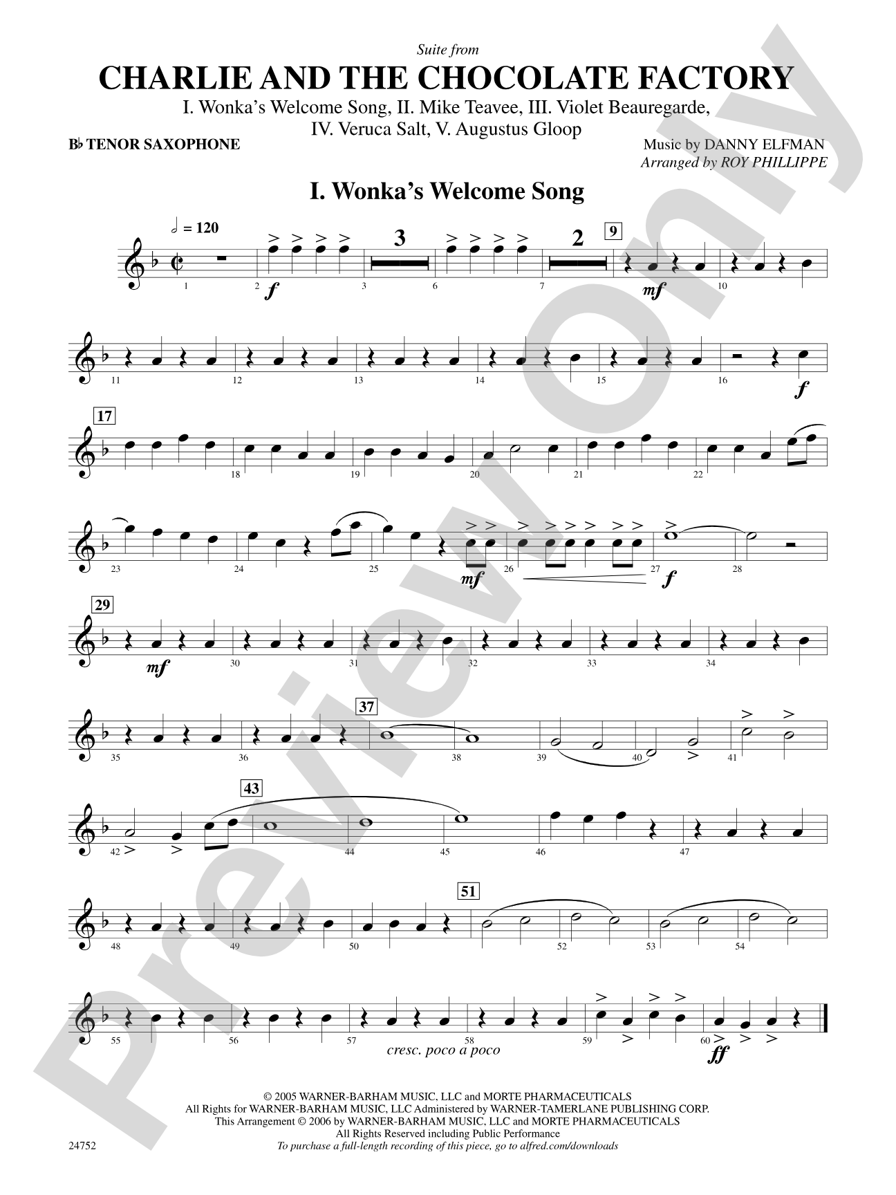 Charlie and the Chocolate Factory, Suite from: B-flat Tenor Saxophone