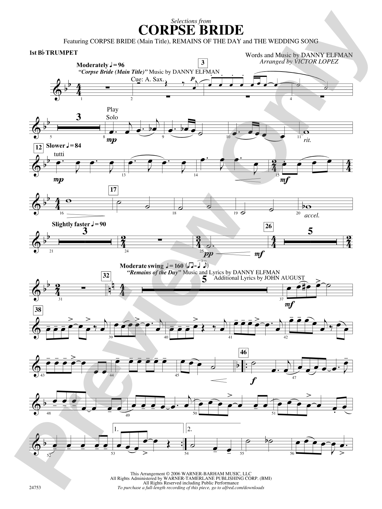 Corpse Bride, Selections from: 1st B-flat Trumpet