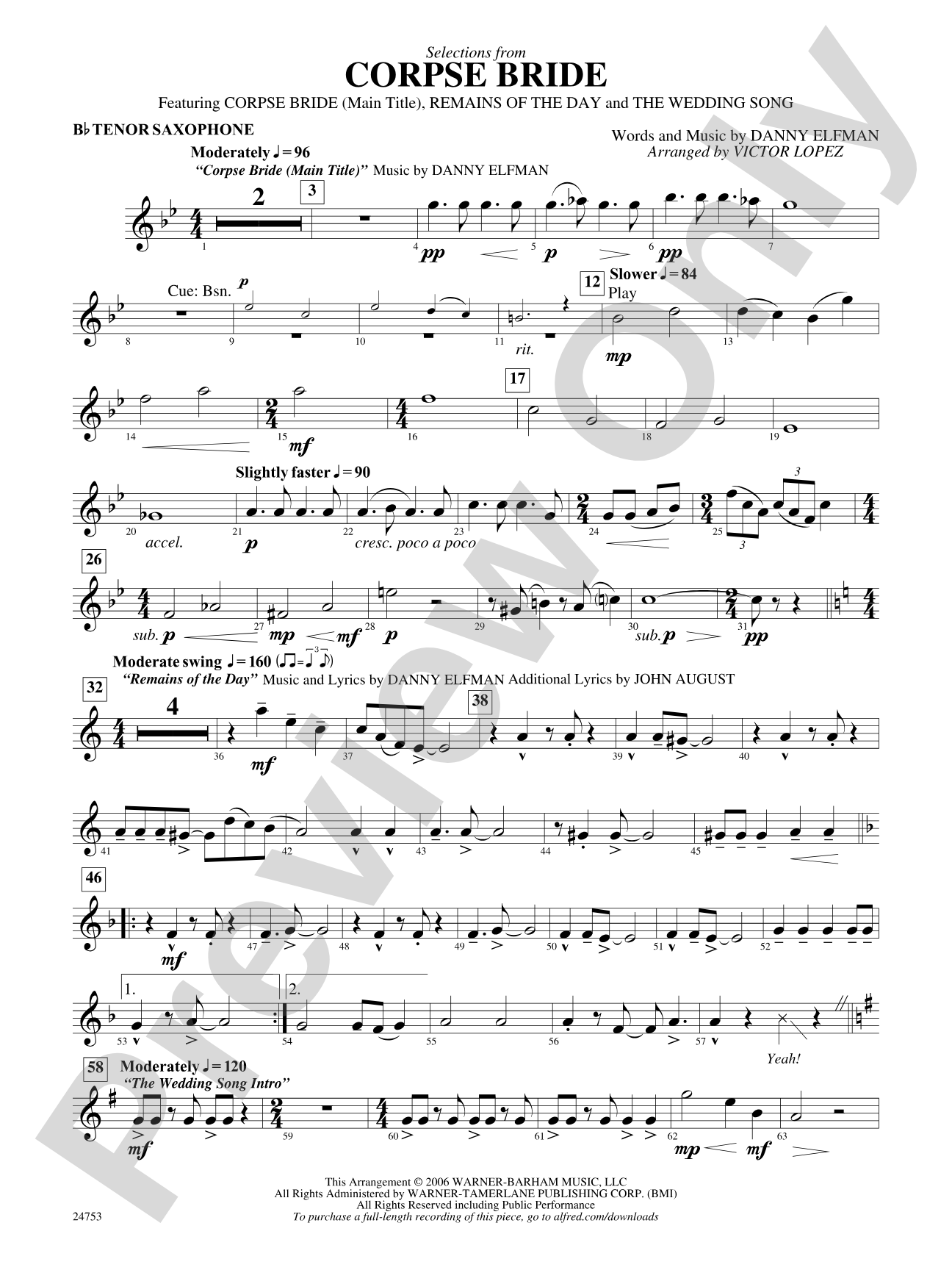 Corpse Bride, Selections from: B-flat Tenor Saxophone