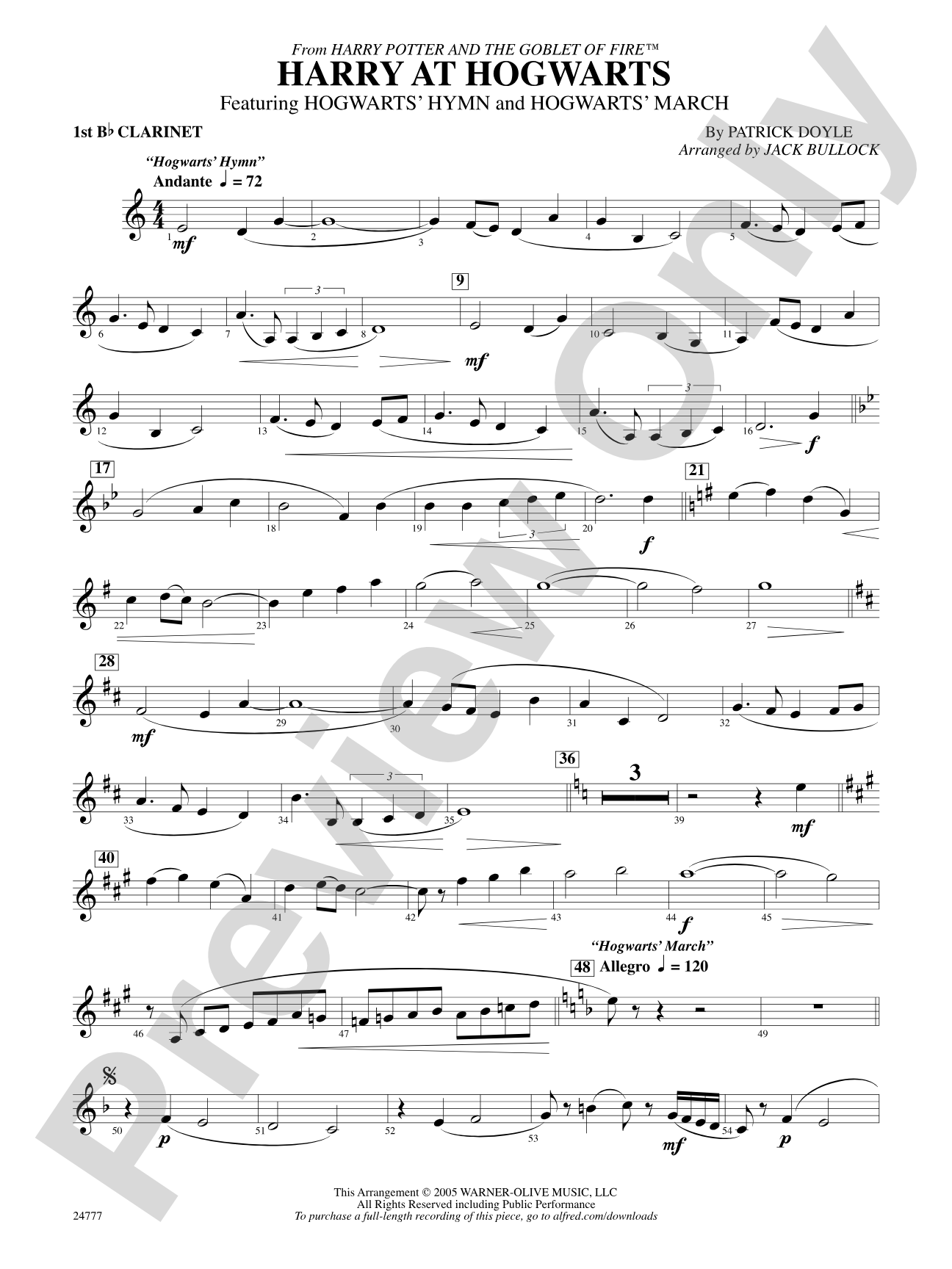 Harry at Hogwarts (from Harry Potter and the Goblet of Fire): 1st B-flat Clarinet