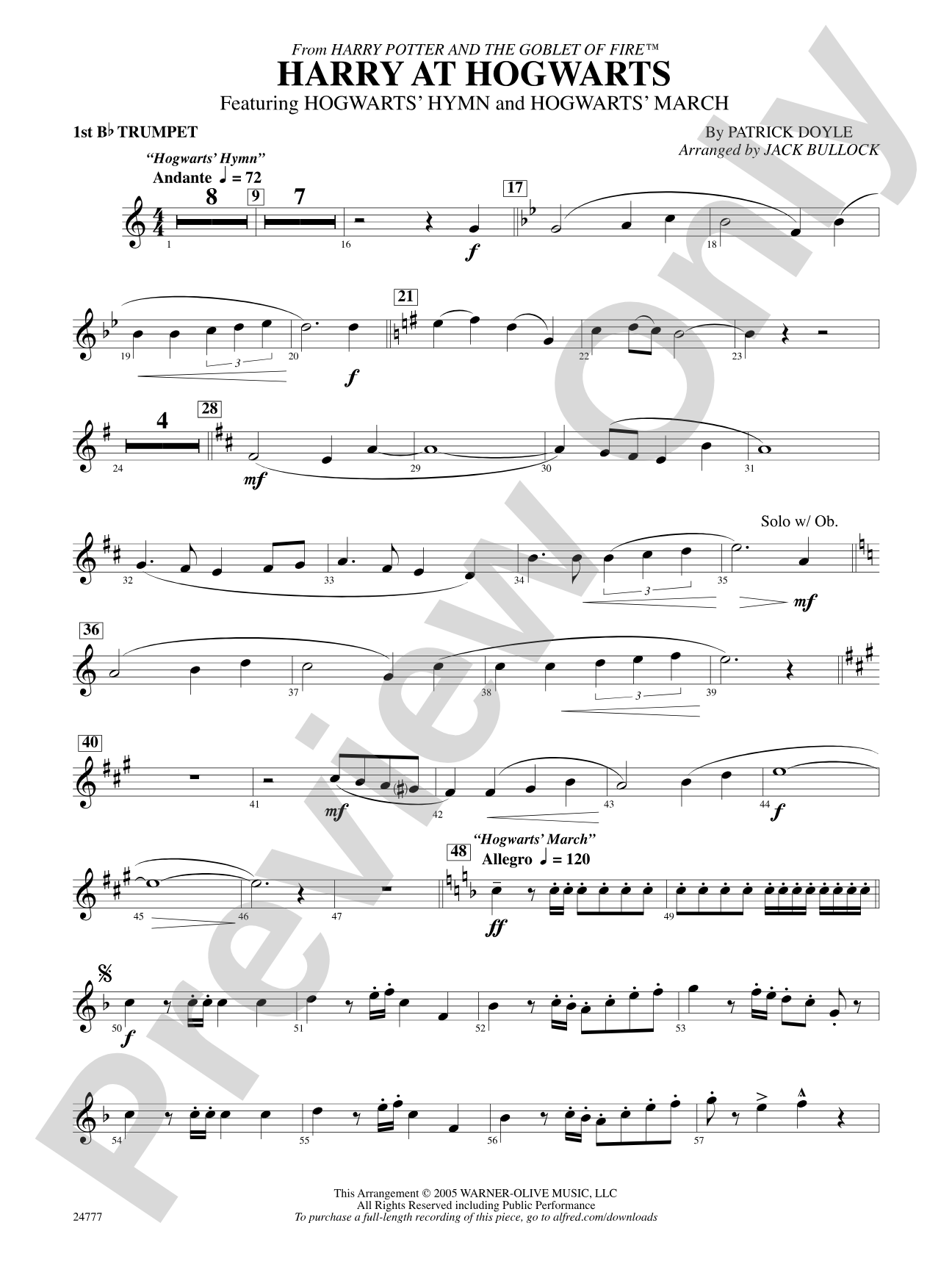 Harry at Hogwarts (from Harry Potter and the Goblet of Fire): 1st B-flat Trumpet
