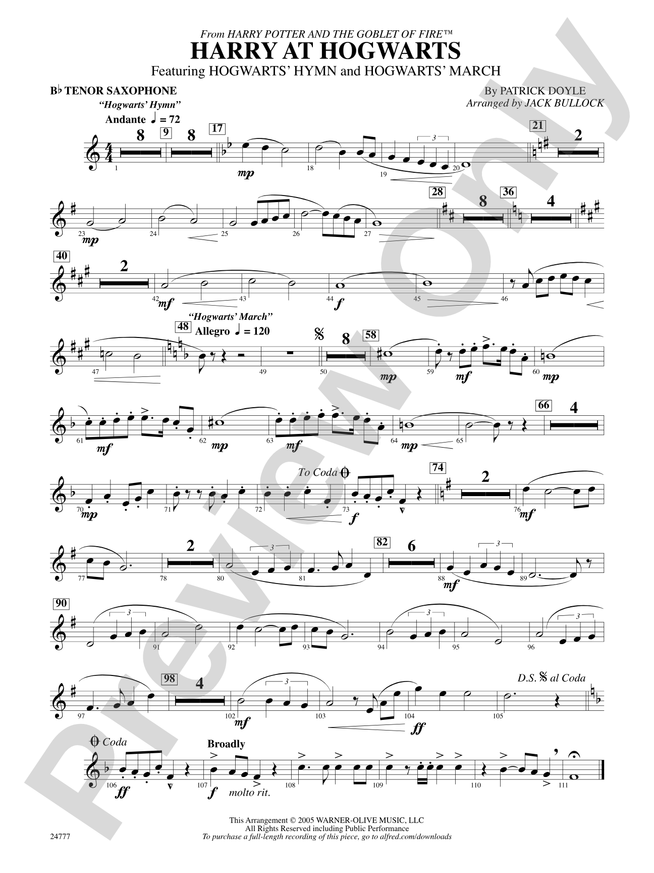 Harry at Hogwarts (from Harry Potter and the Goblet of Fire): B-flat Tenor Saxophone