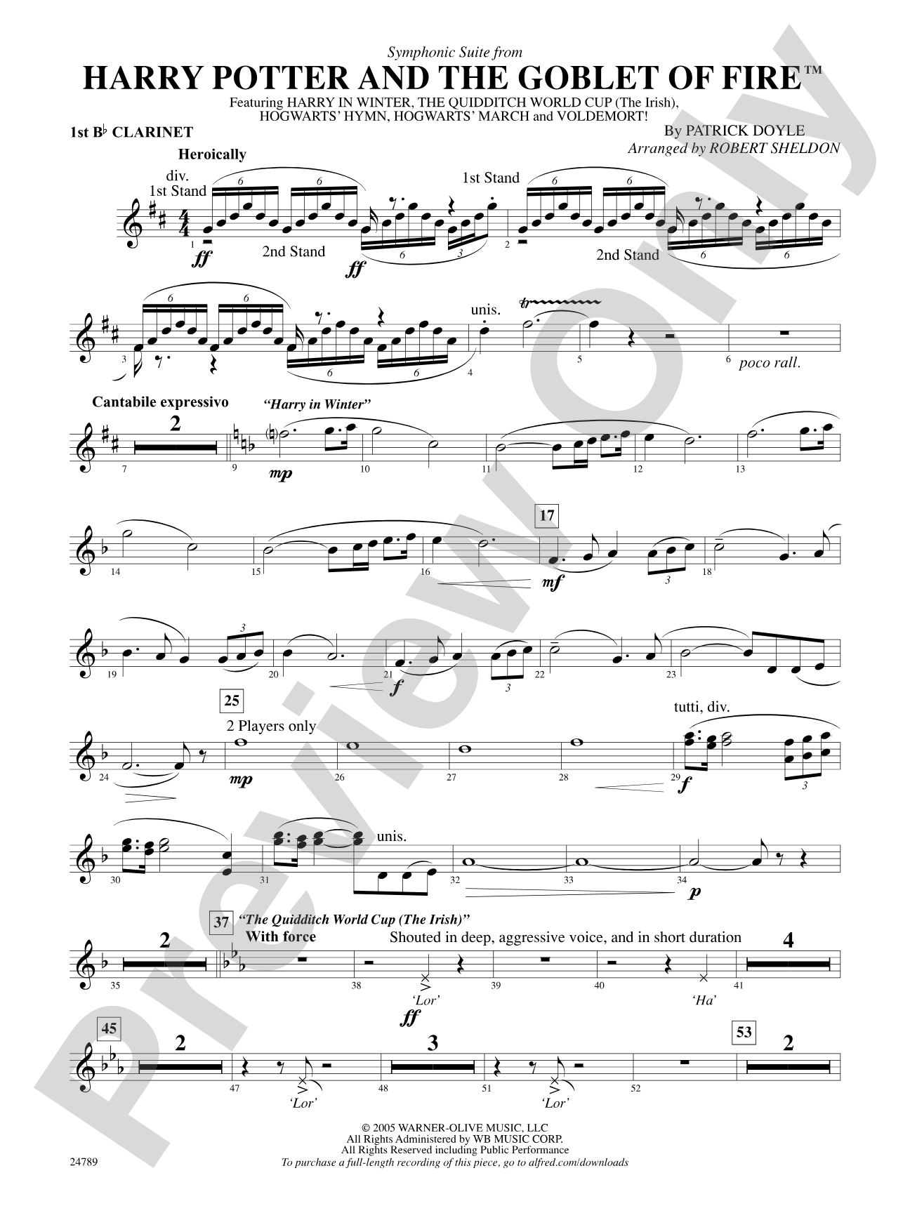 Harry Potter and the Goblet of Fire, Symphonic Suite from: 1st B-flat Clarinet