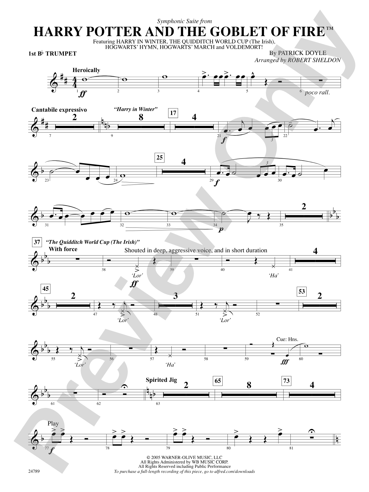 Harry Potter and the Goblet of Fire, Symphonic Suite from: 1st B-flat Trumpet