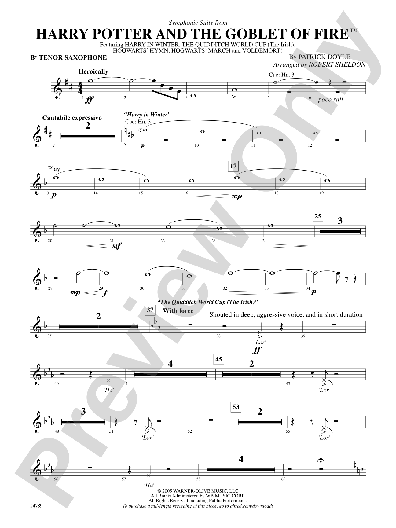 Harry Potter and the Goblet of Fire, Symphonic Suite from: B-flat Tenor Saxophone