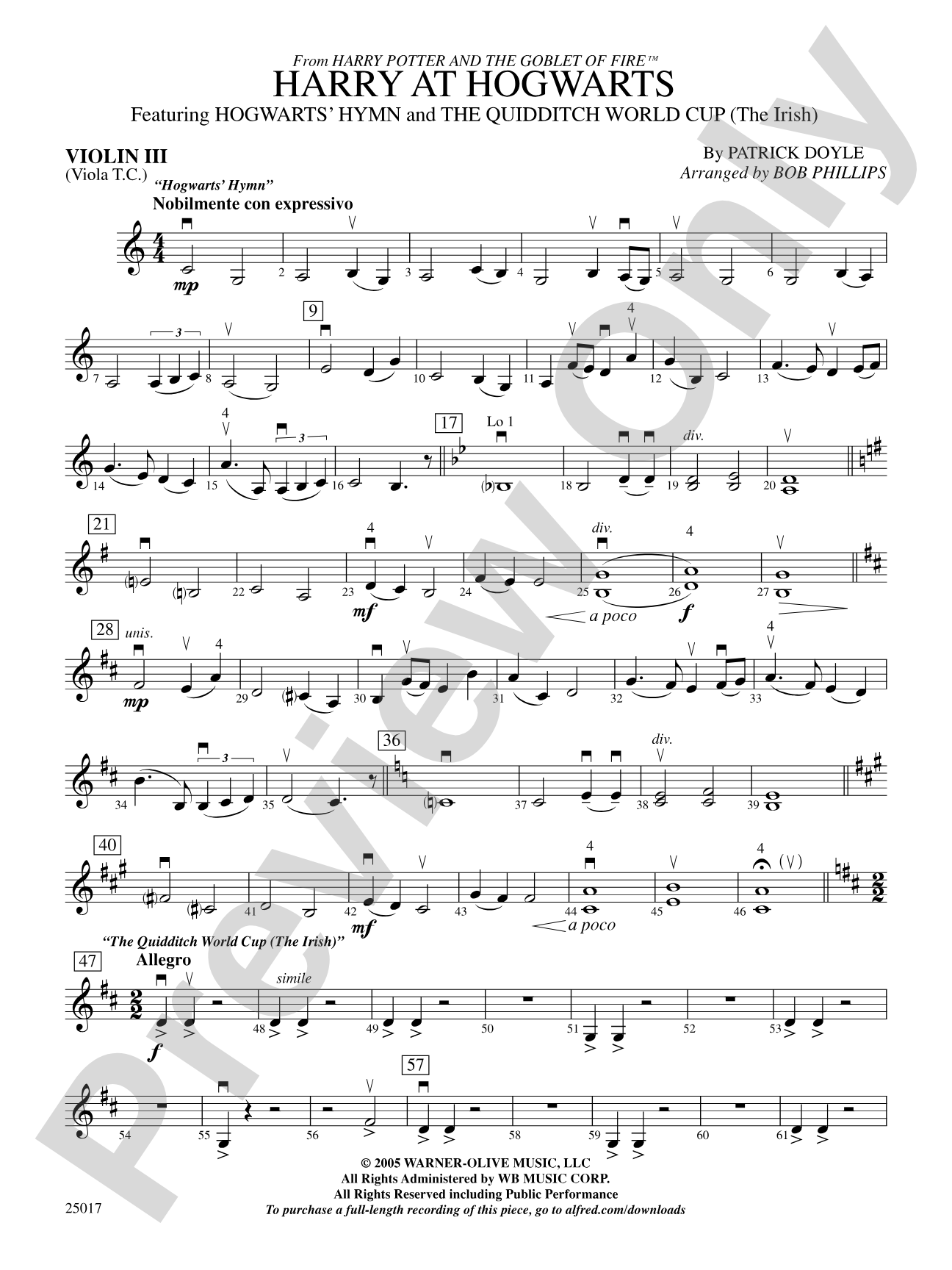 Harry at Hogwarts, Themes from Harry Potter and the Goblet of Fire™: 3rd Violin (Viola [TC])