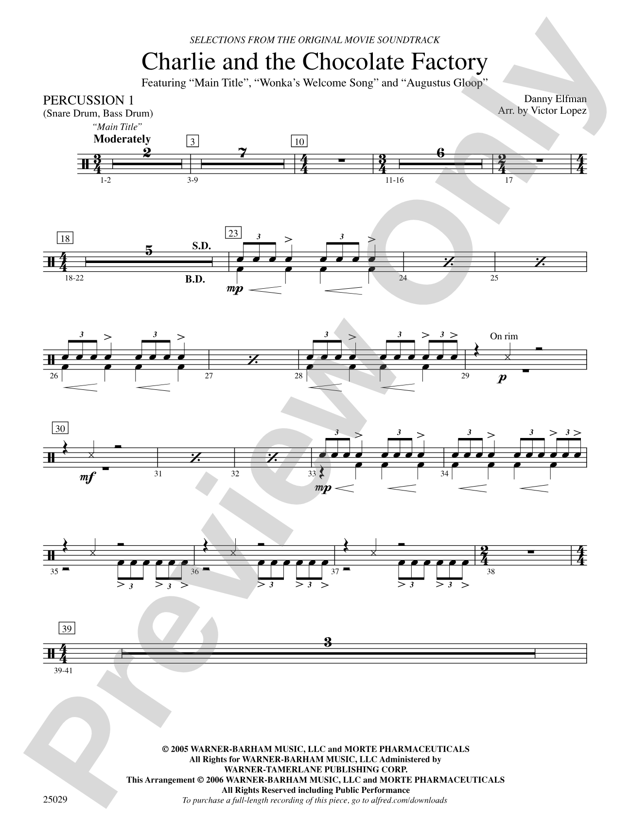 Charlie and the Chocolate Factory, Selections from: 1st Percussion