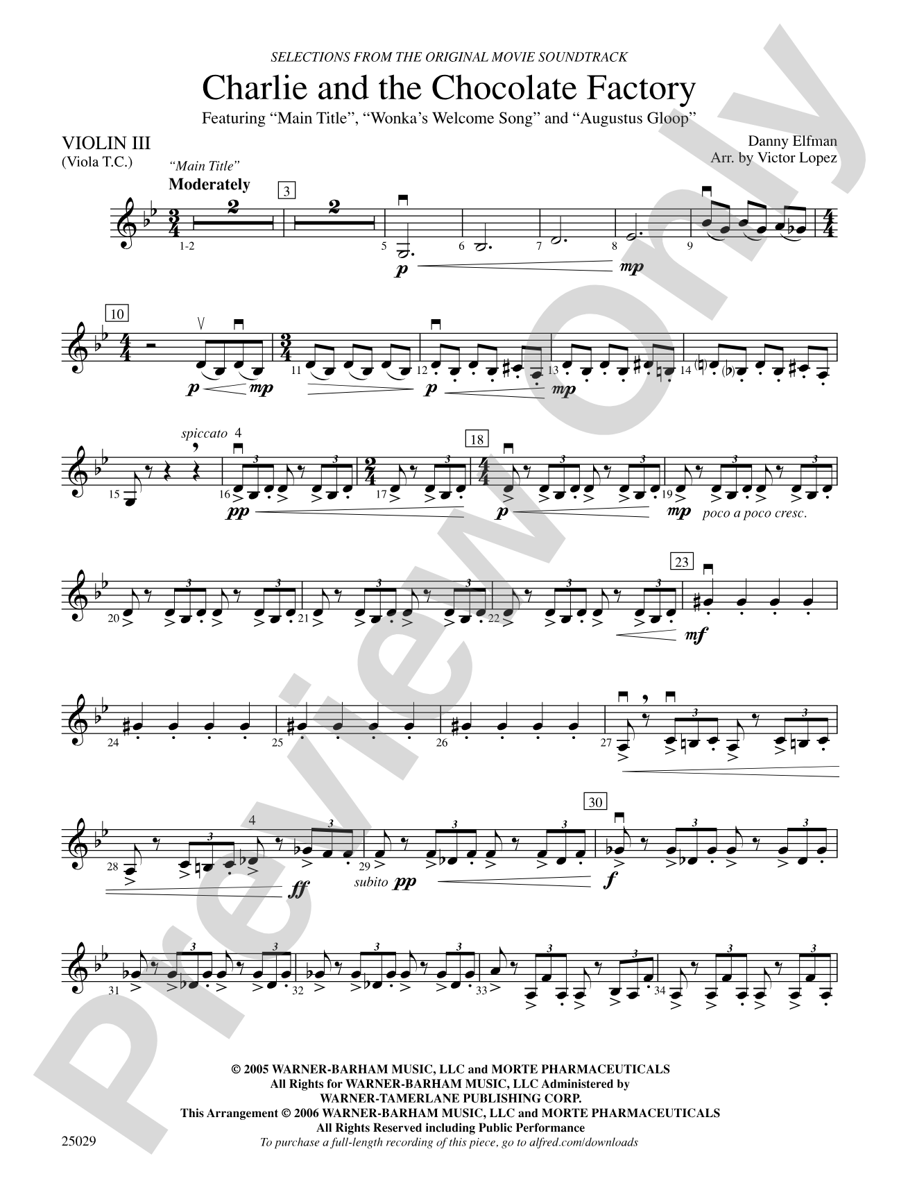 Charlie and the Chocolate Factory, Selections from: 3rd Violin (Viola [TC])