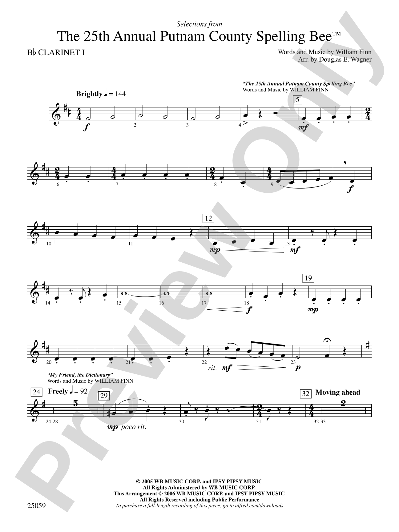 The 25th Annual Putnam County Spelling Bee,™ Selections from: 1st B-flat Clarinet