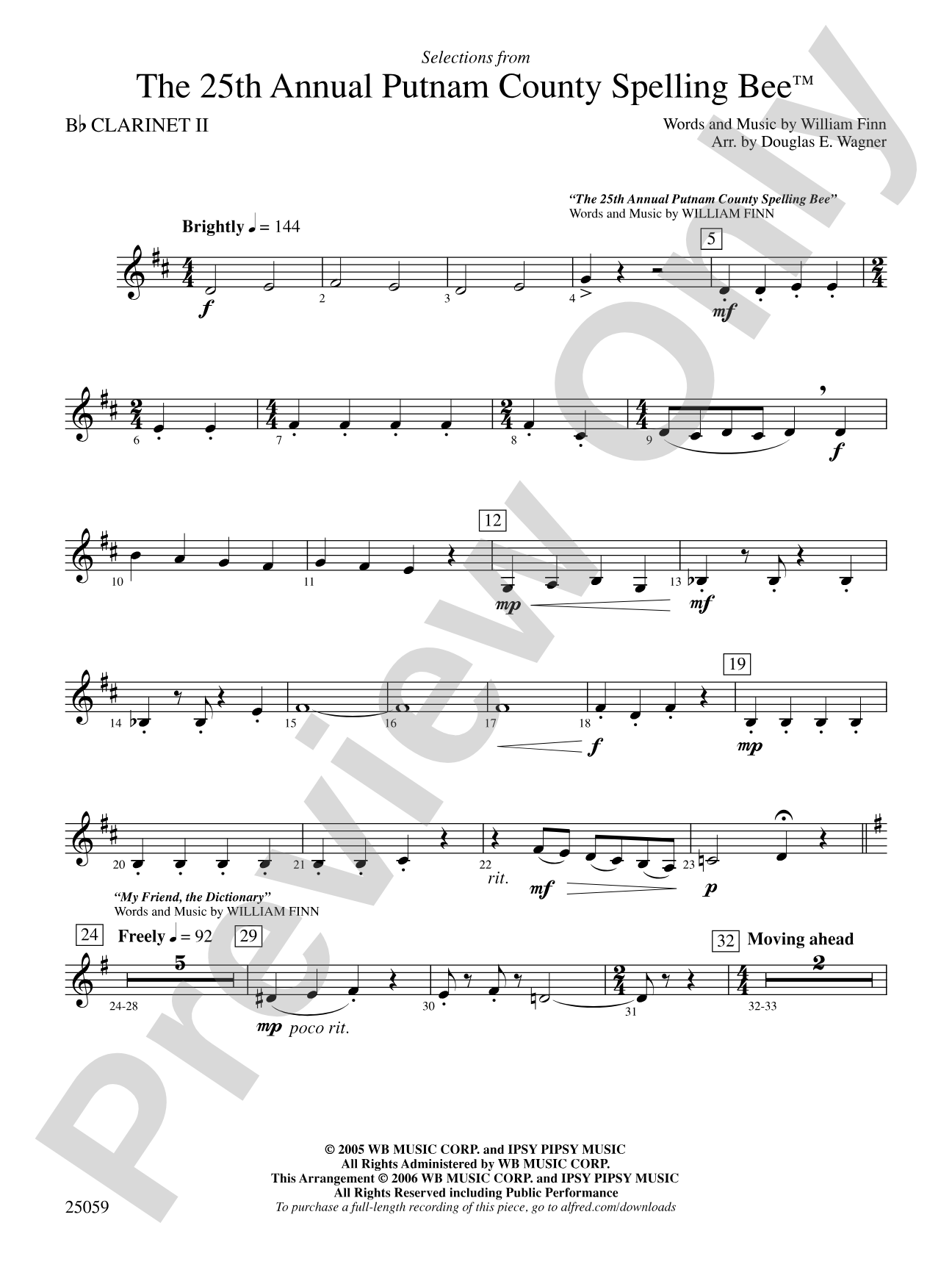The 25th Annual Putnam County Spelling Bee,™ Selections from: 2nd B-flat Clarinet