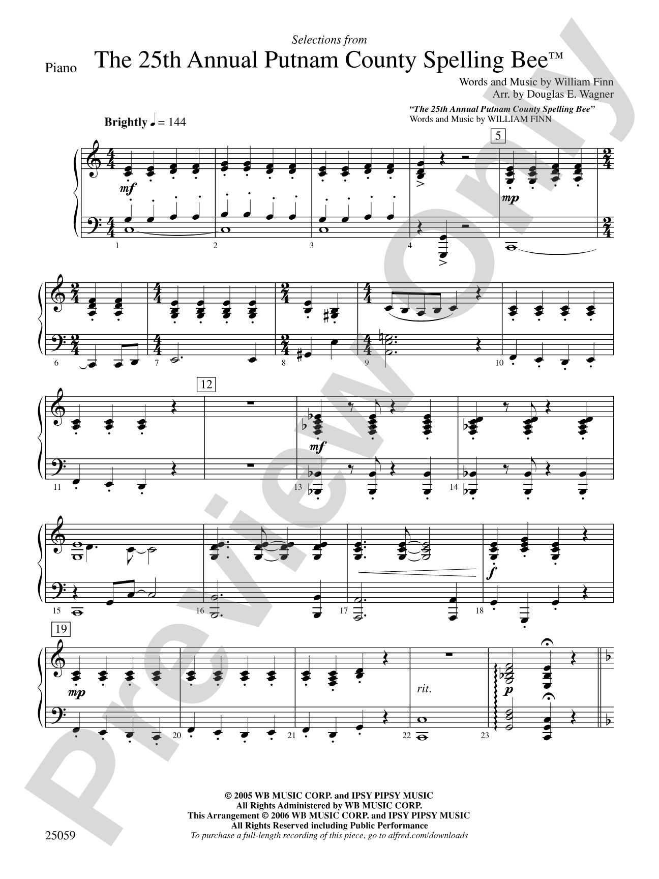 The 25th Annual Putnam County Spelling Bee,™ Selections from: Piano Accompaniment