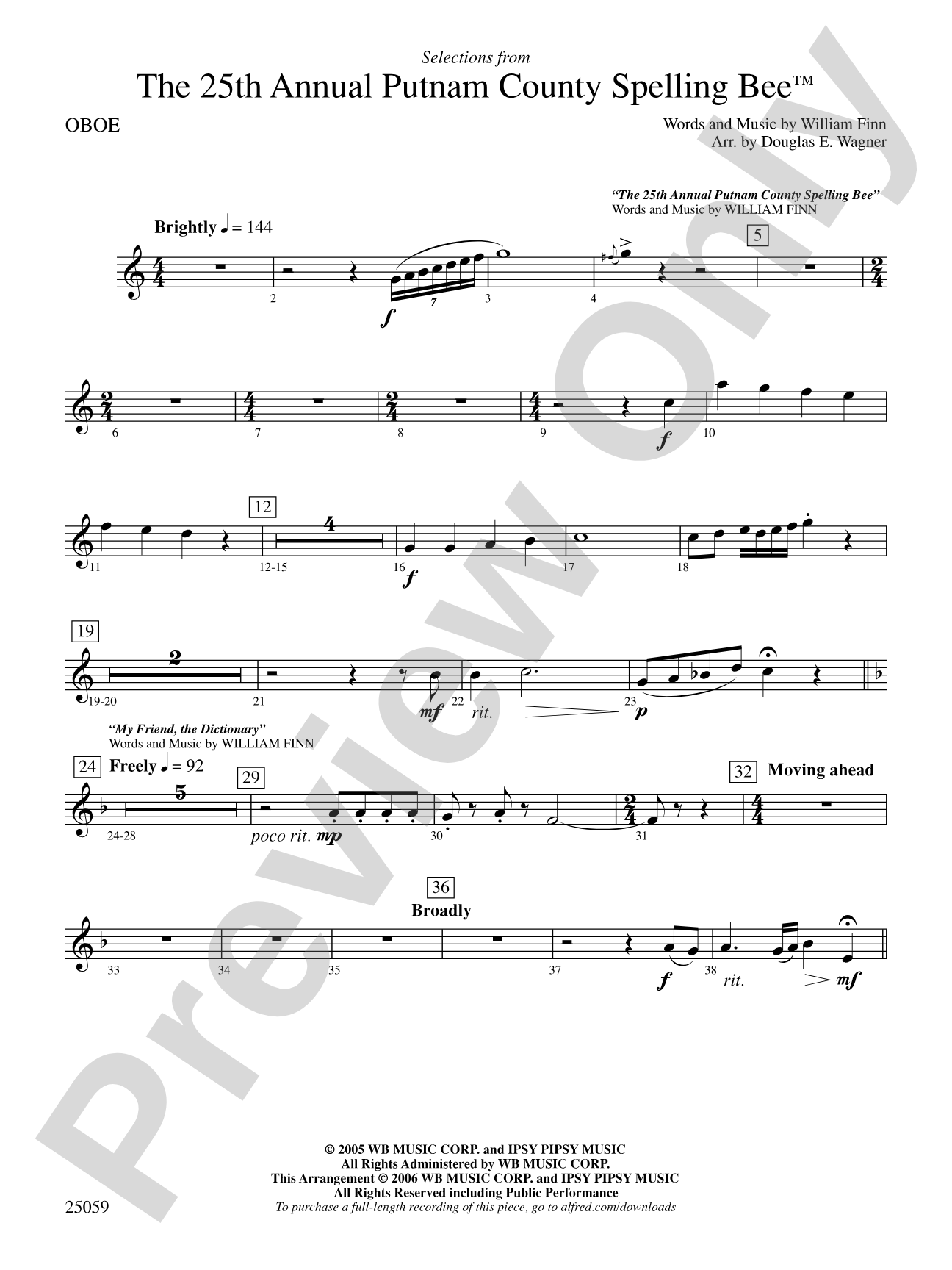 The 25th Annual Putnam County Spelling Bee,™ Selections from: Oboe