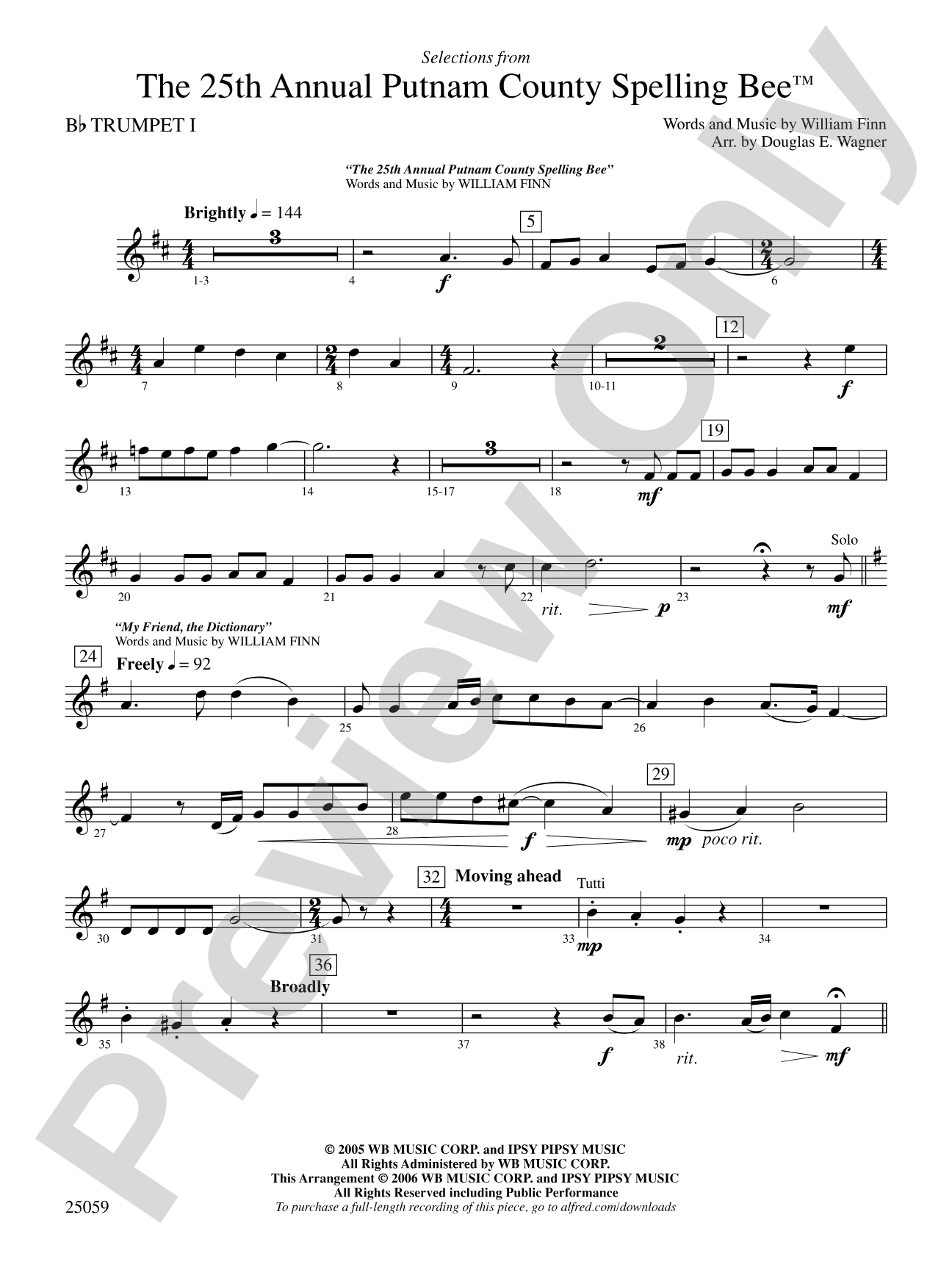 The 25th Annual Putnam County Spelling Bee,™ Selections from: 1st B-flat Trumpet