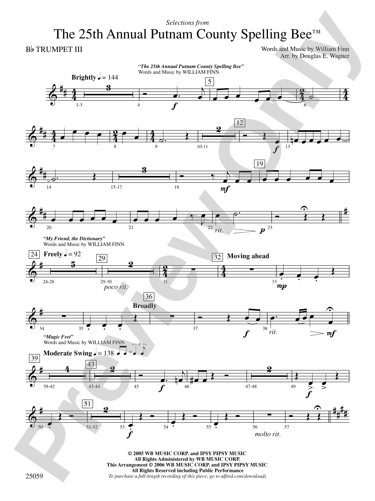 The 25th Annual Putnam County Spelling Bee,™ Selections from: 3rd B-flat Trumpet