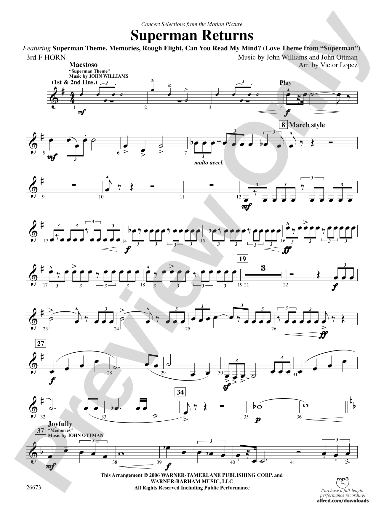 Superman Returns, Concert Selections from: 3rd F Horn