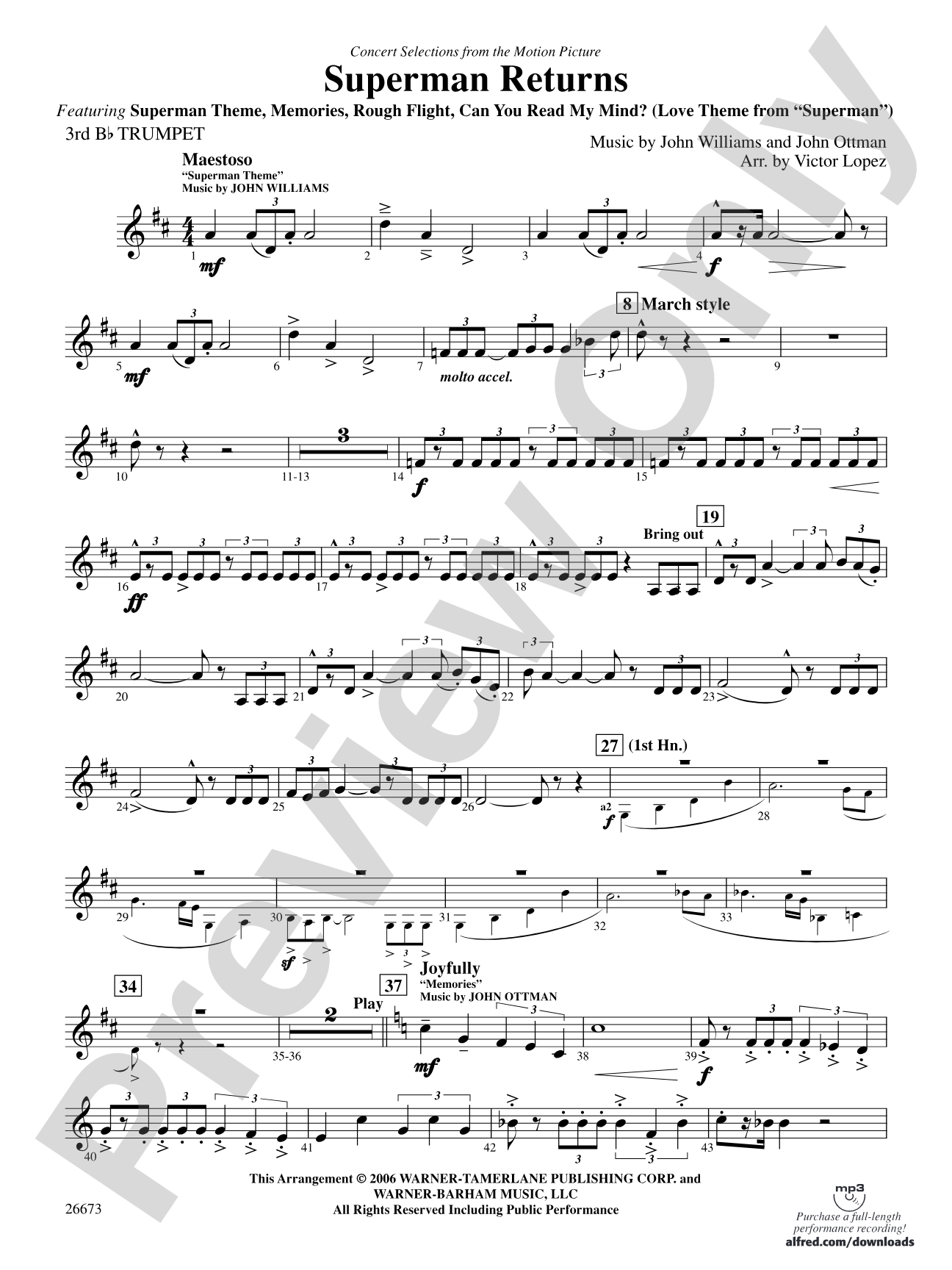 Superman Returns, Concert Selections from: 3rd B-flat Trumpet