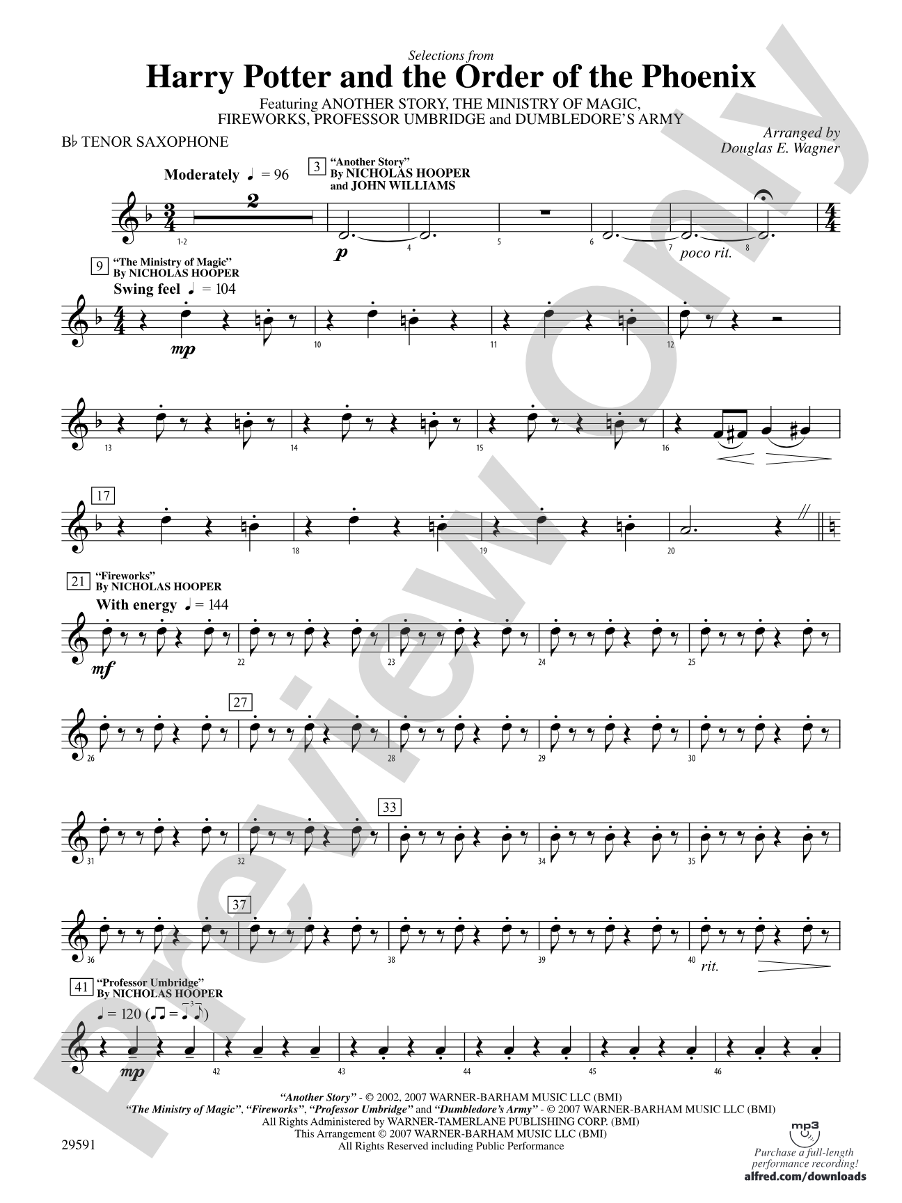 Harry Potter and the Order of the Phoenix, Selections From: B-flat Tenor Saxophone