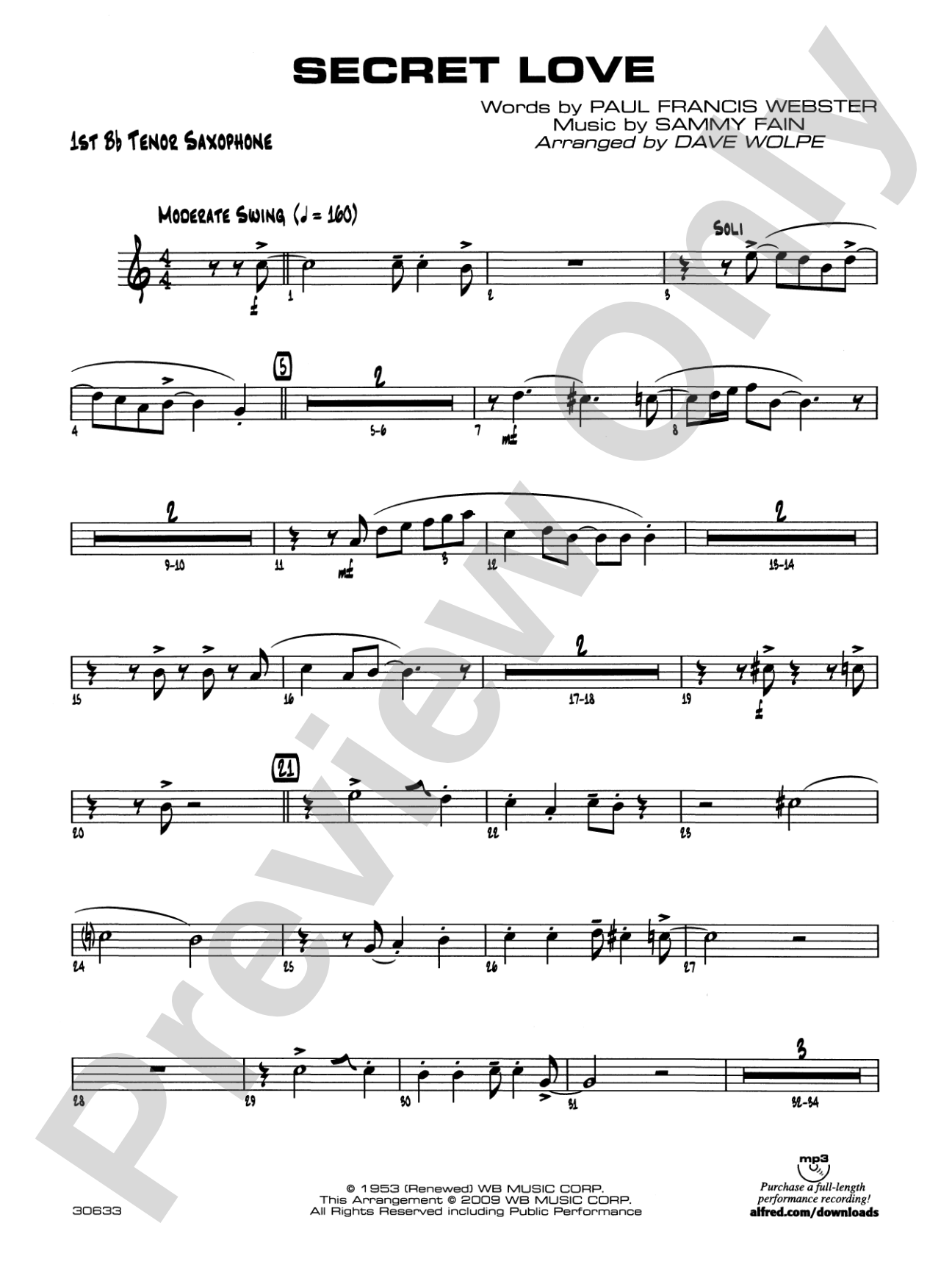 Secret Love: B-flat Tenor Saxophone