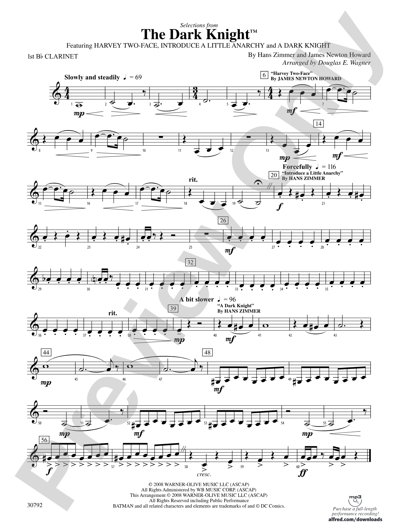 The Dark Knight, Selections from: 1st B-flat Clarinet