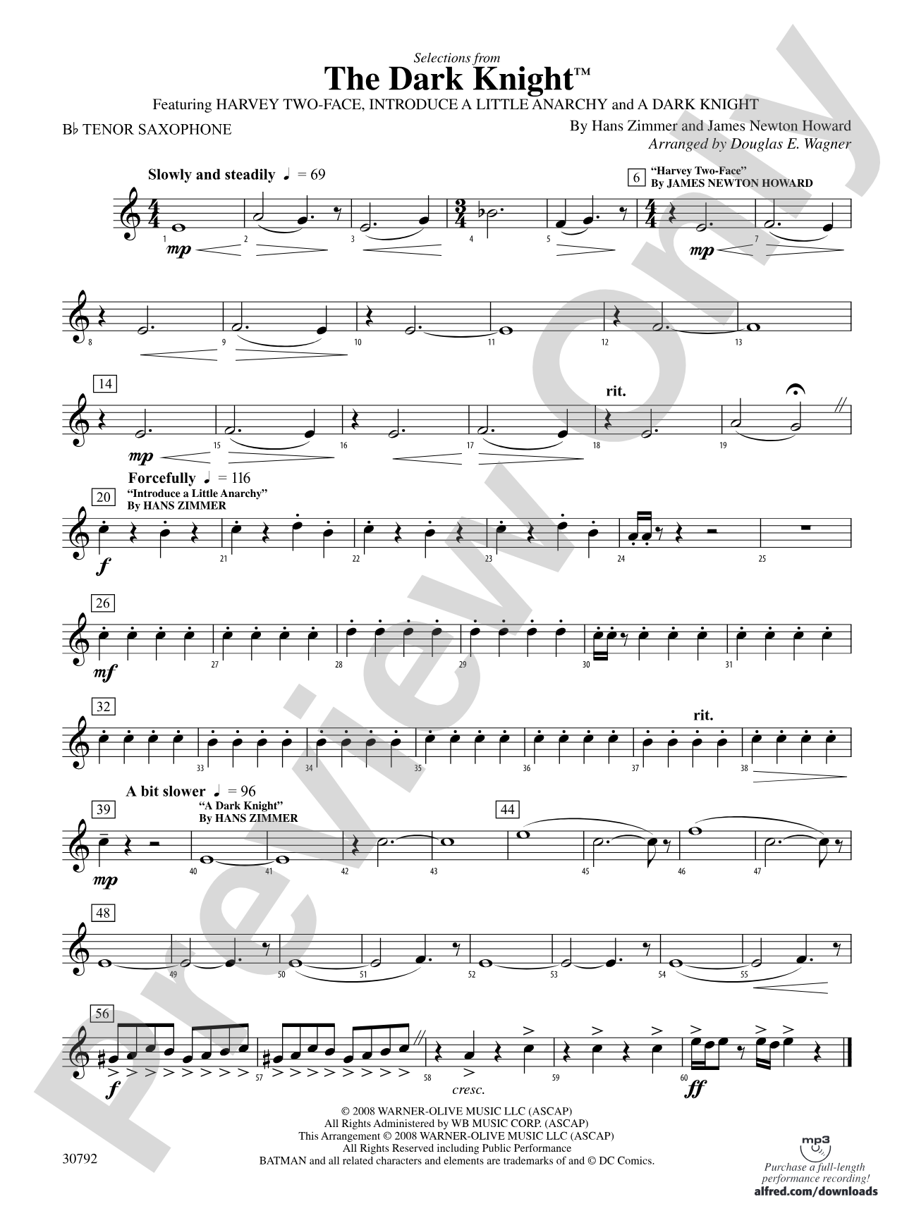 The Dark Knight, Selections from: B-flat Tenor Saxophone