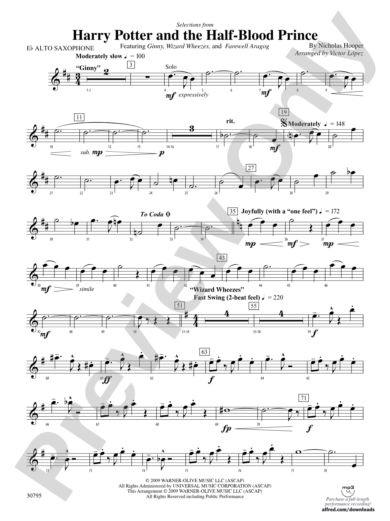 Harry Potter and the Half-Blood Prince, Selections from: E-flat Alto Saxophone