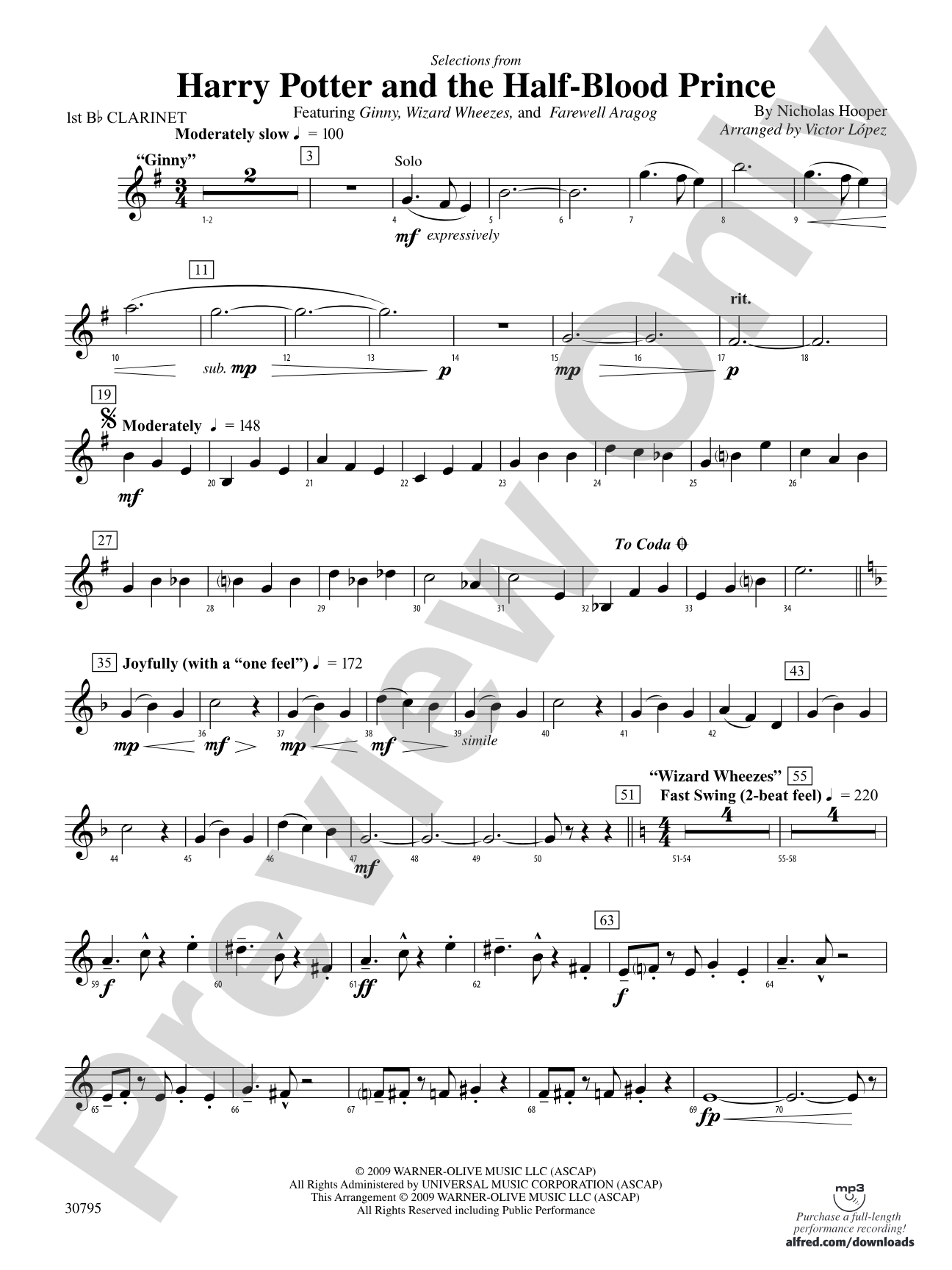 Harry Potter and the Half-Blood Prince, Selections from: 1st B-flat Clarinet