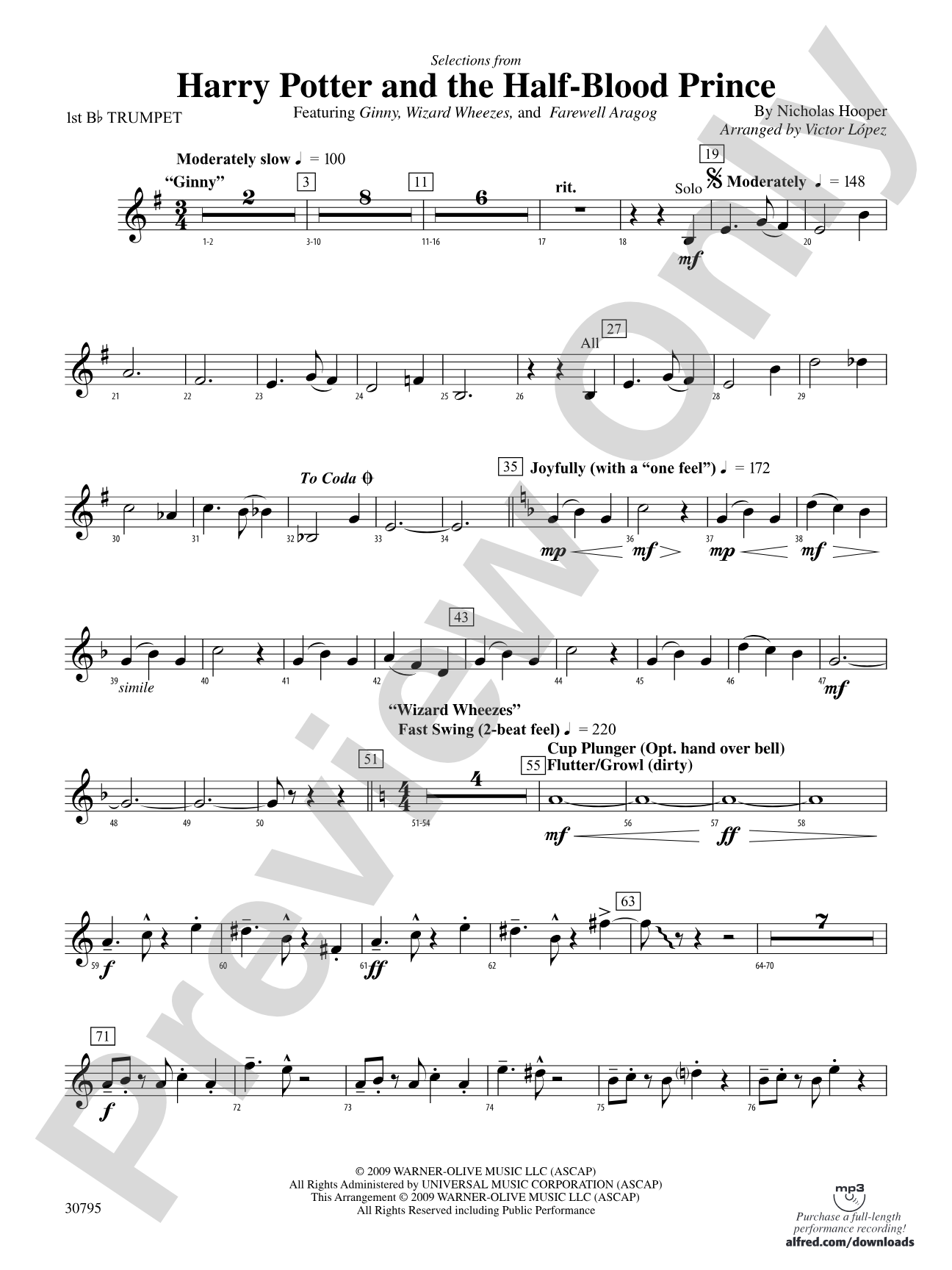 Harry Potter and the Half-Blood Prince, Selections from: 1st B-flat Trumpet