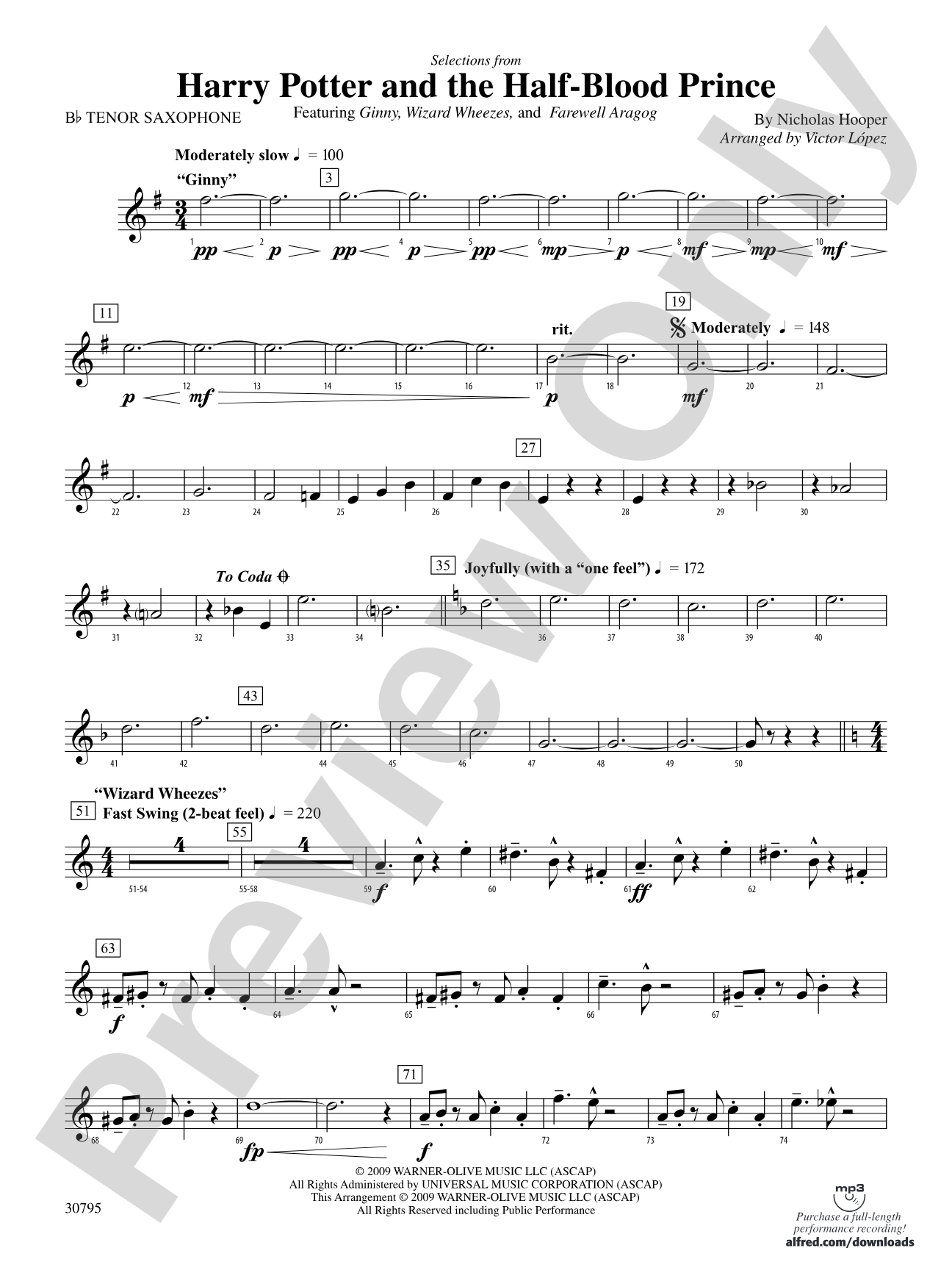 Harry Potter and the Half-Blood Prince, Selections from: B-flat Tenor Saxophone