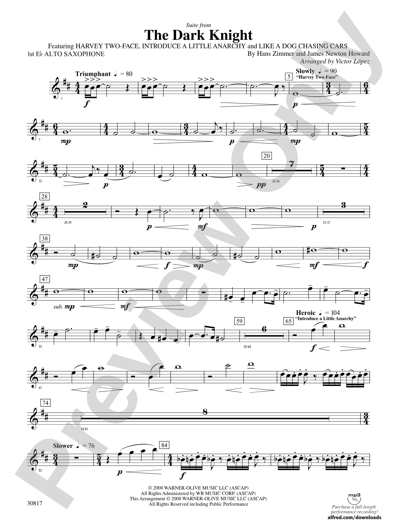 The Dark Knight, Suite from: E-flat Alto Saxophone
