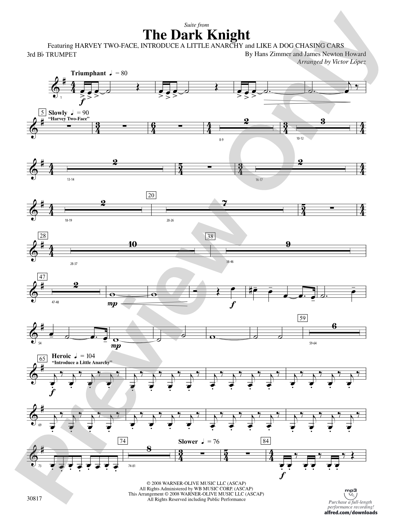 The Dark Knight, Suite from: 3rd B-flat Trumpet