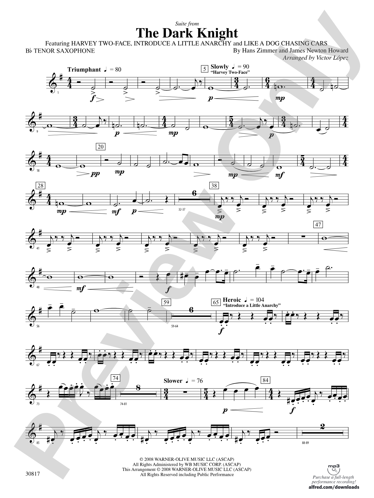 The Dark Knight, Suite from: B-flat Tenor Saxophone