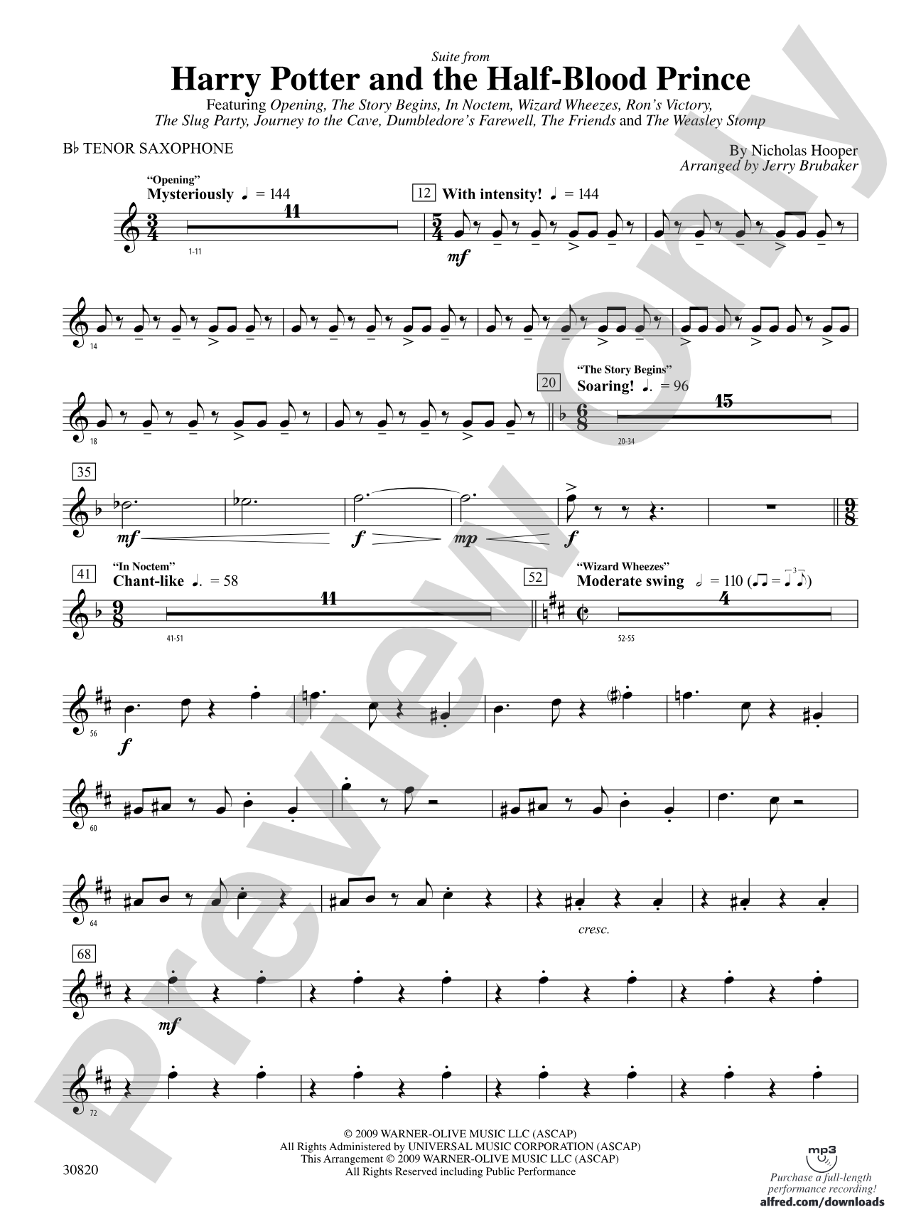 Harry Potter and the Half-Blood Prince, Suite from: B-flat Tenor Saxophone