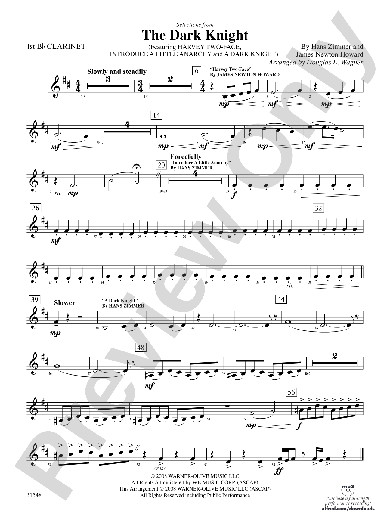 The Dark Knight, Selections from: 1st B-flat Clarinet